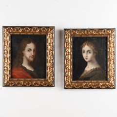 18th Century Pair of Original Oil on Canvas Portraits of Young Woman & Man Italy