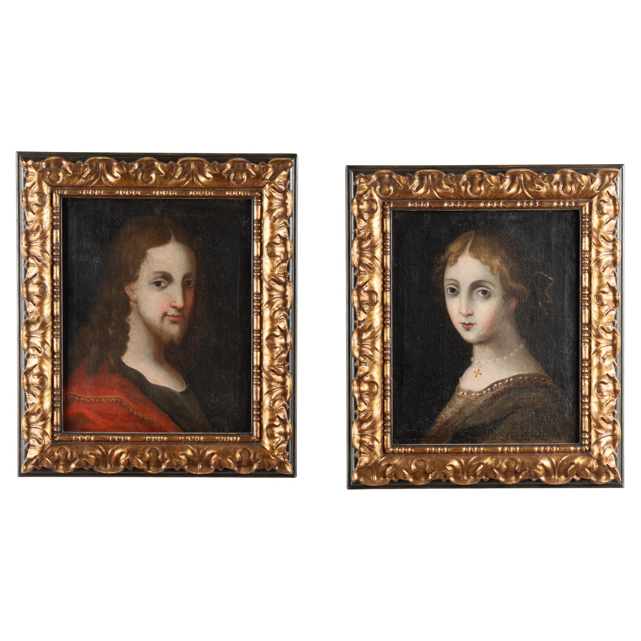 Siglo XVIII Pareja de retratos originales al óleo sobre lienzo de mujer joven y hombre Italia