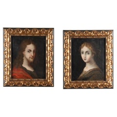Siglo XVIII Pareja de retratos originales al óleo sobre lienzo de mujer joven y hombre Italia