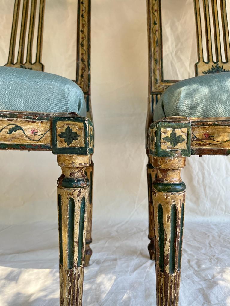 Italian 18th Century Pair of Painted Wooden Chairs, Plant Motifs For Sale