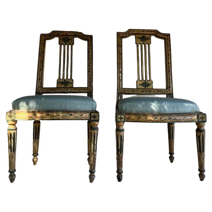 18th Century Pair of Painted Wooden Chairs, Plant Motifs For Sale