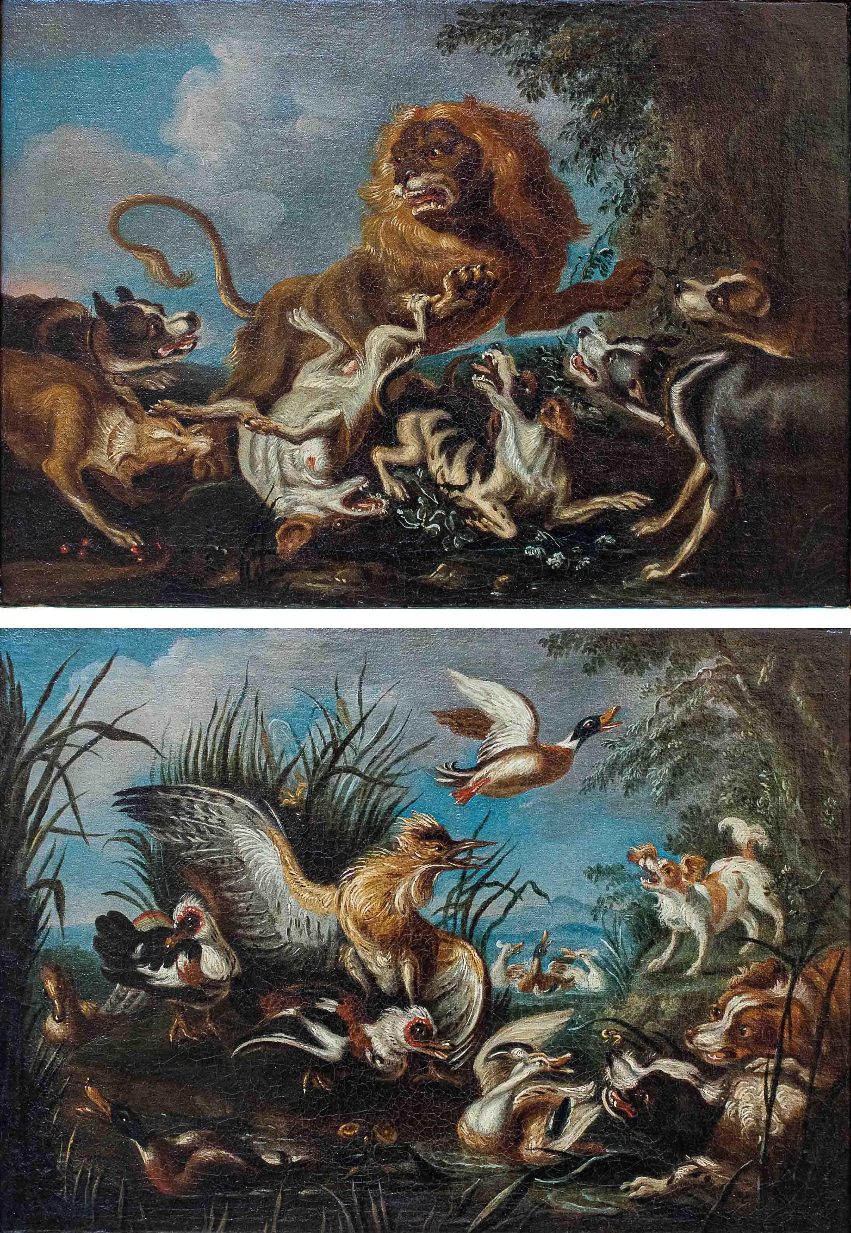 Angelo Maria Crivelli, known as il Crivellone (active in Milan between 1690 and 1730)
Lion hunt
Birds in a pond being harassed by dogs
Measures: (2) Oil on canvas, 44.5 x 32.3 cm - with frame, 47.5 x 60 x 5.2 cm

Even a superficial