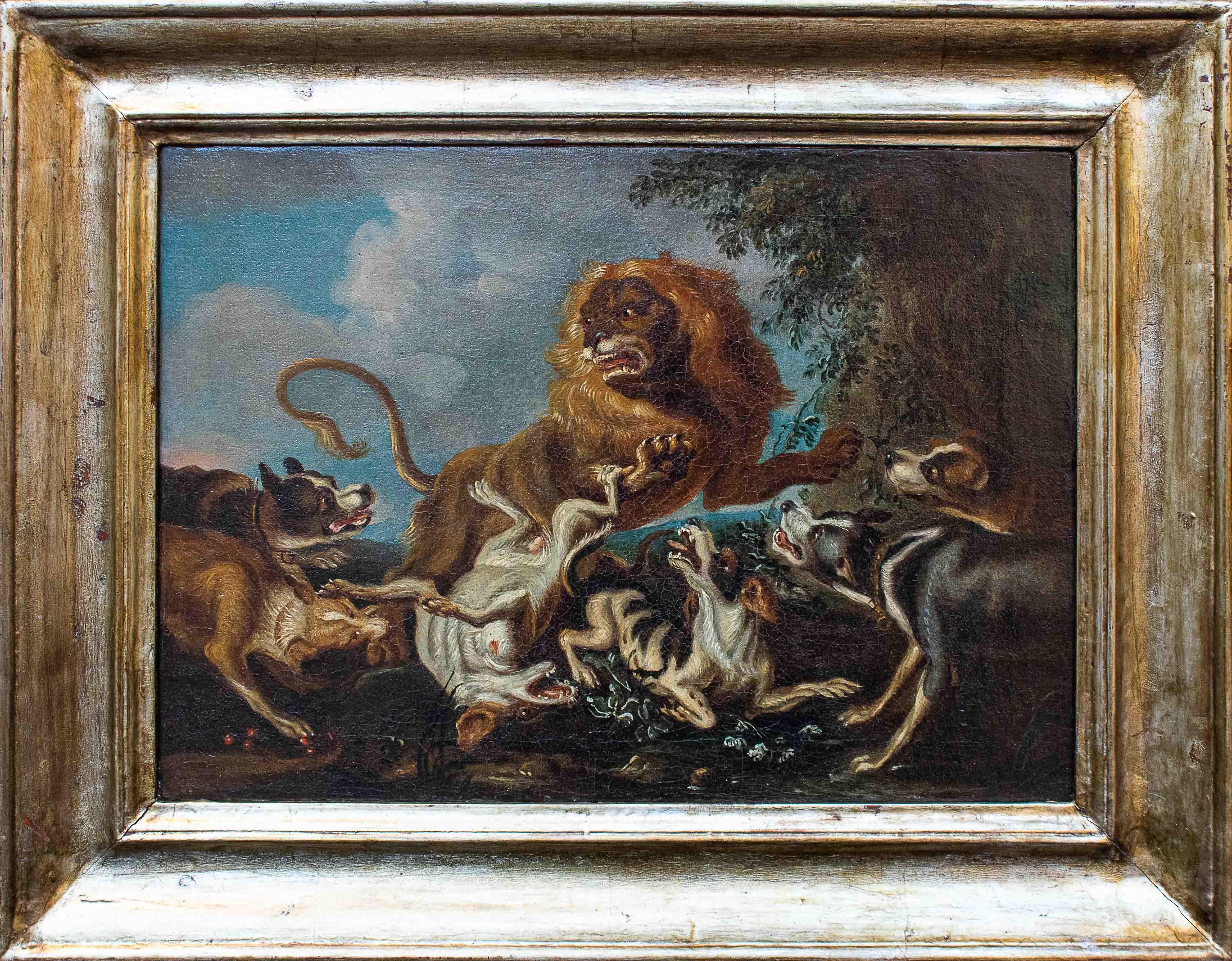 Italian 18th Century Pair of Paintings with Animals Oil on Canvas by Crivellone