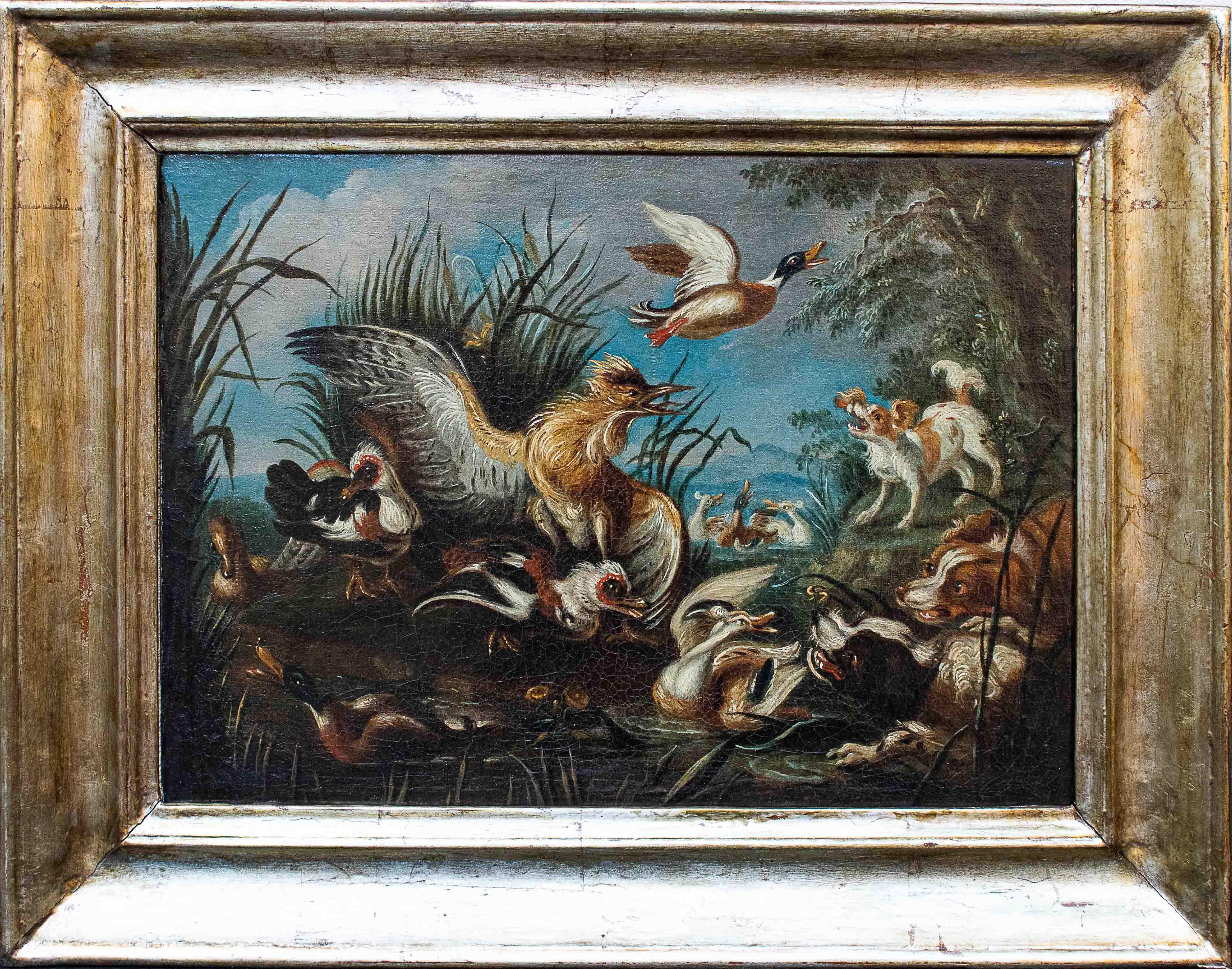 Oiled 18th Century Pair of Paintings with Animals Oil on Canvas by Crivellone