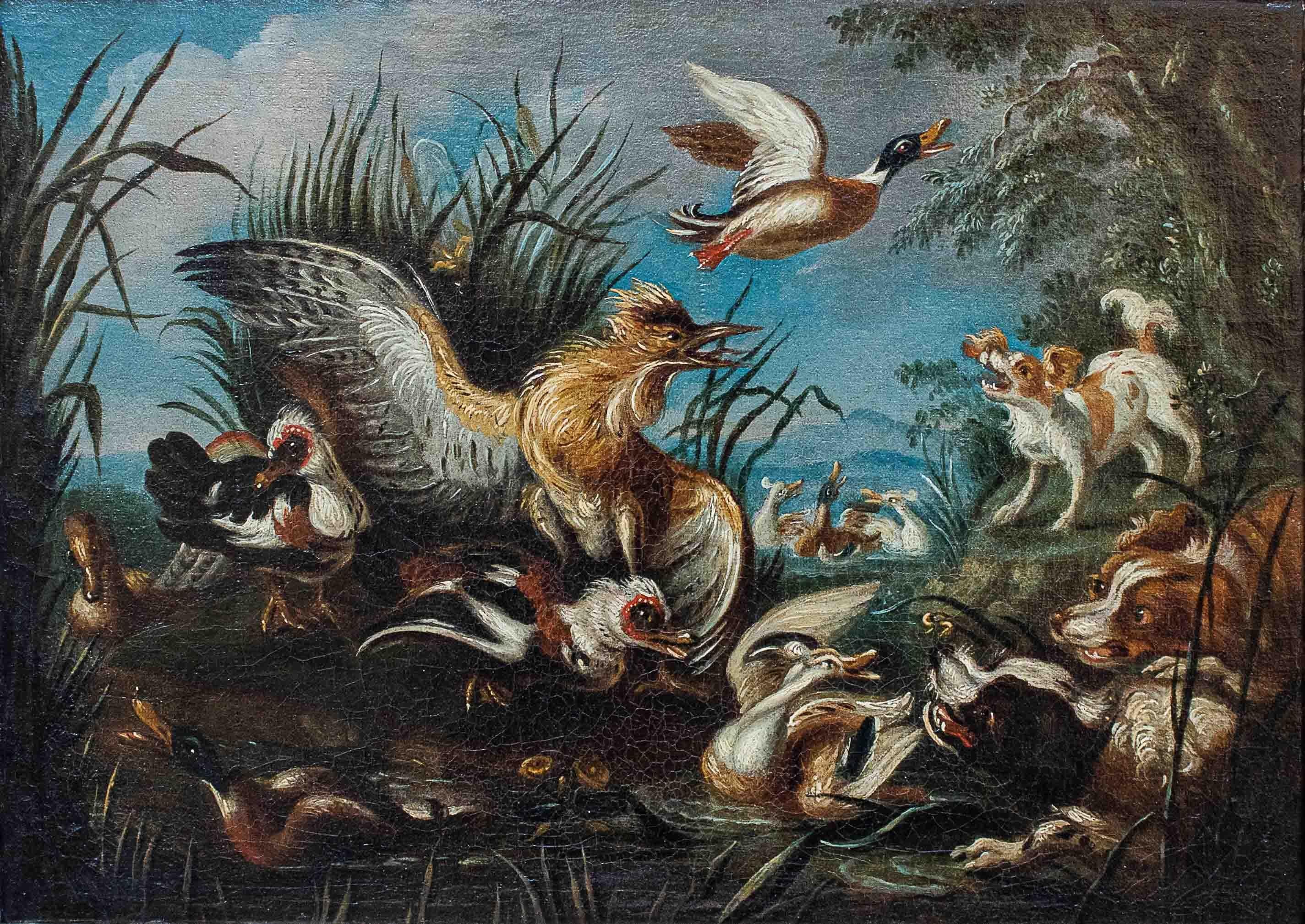 18th Century and Earlier 18th Century Pair of Paintings with Animals Oil on Canvas by Crivellone