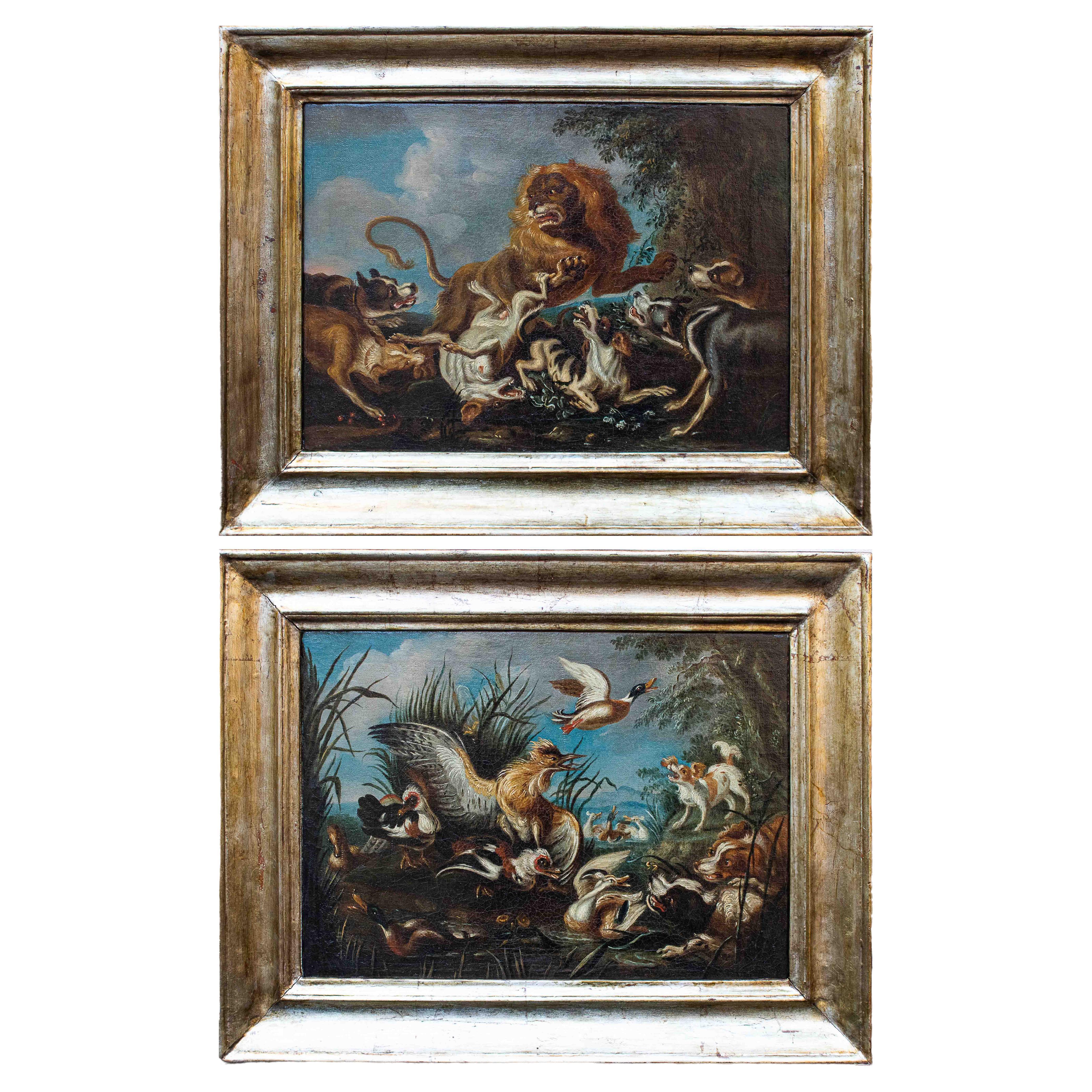 18th Century Pair of Paintings with Animals Oil on Canvas by Crivellone