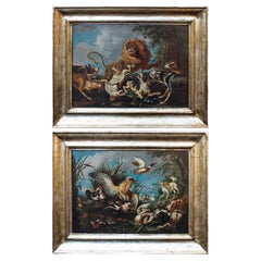 Antique 18th Century Pair of Paintings with Animals Oil on Canvas by Crivellone