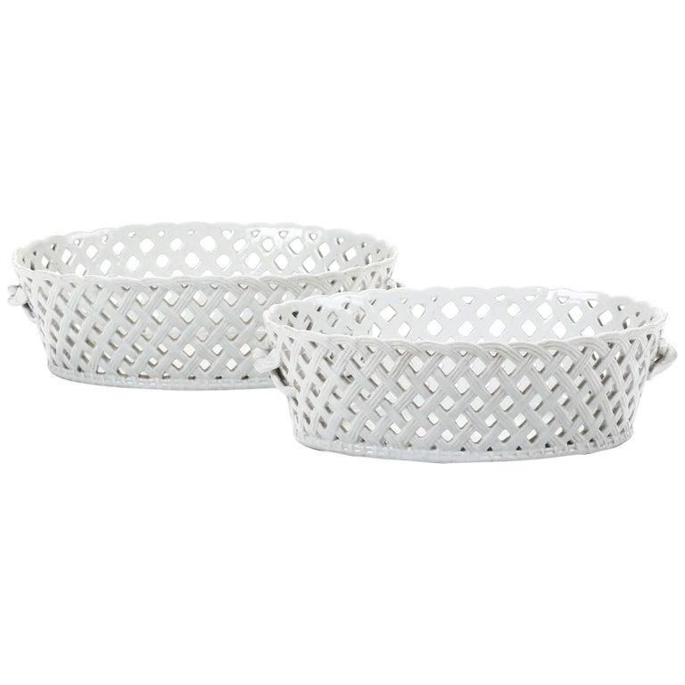 Pair of perforated white porcelain baskets, Doccia manufactory, late 18th century. The Doccia porcelain manufactory, near Florence, was founded in 1735 by Marchese Carlo Ginori near his villa.

Measures H 7 cm x W 23 cm x D 16 cm