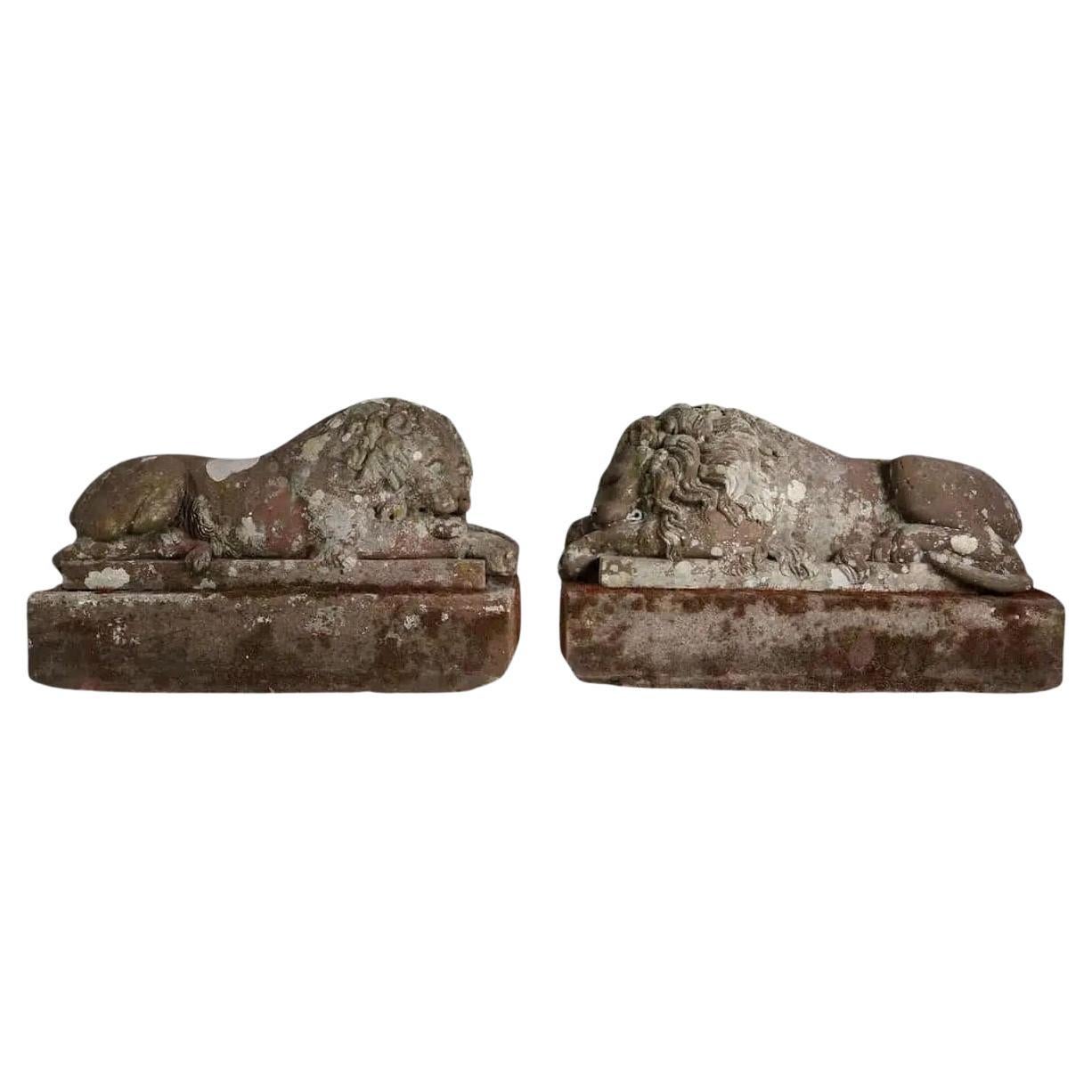 Pair of Carved Marble Recumbent Lions For Sale at 1stDibs