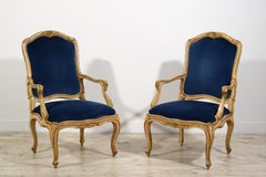 18th Century, Pair of Rococo Italian Lacquered and Gilt Wood Armchairs