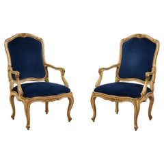 18th Century, Pair of Rococo Italian Lacquered and Gilt Wood Armchairs