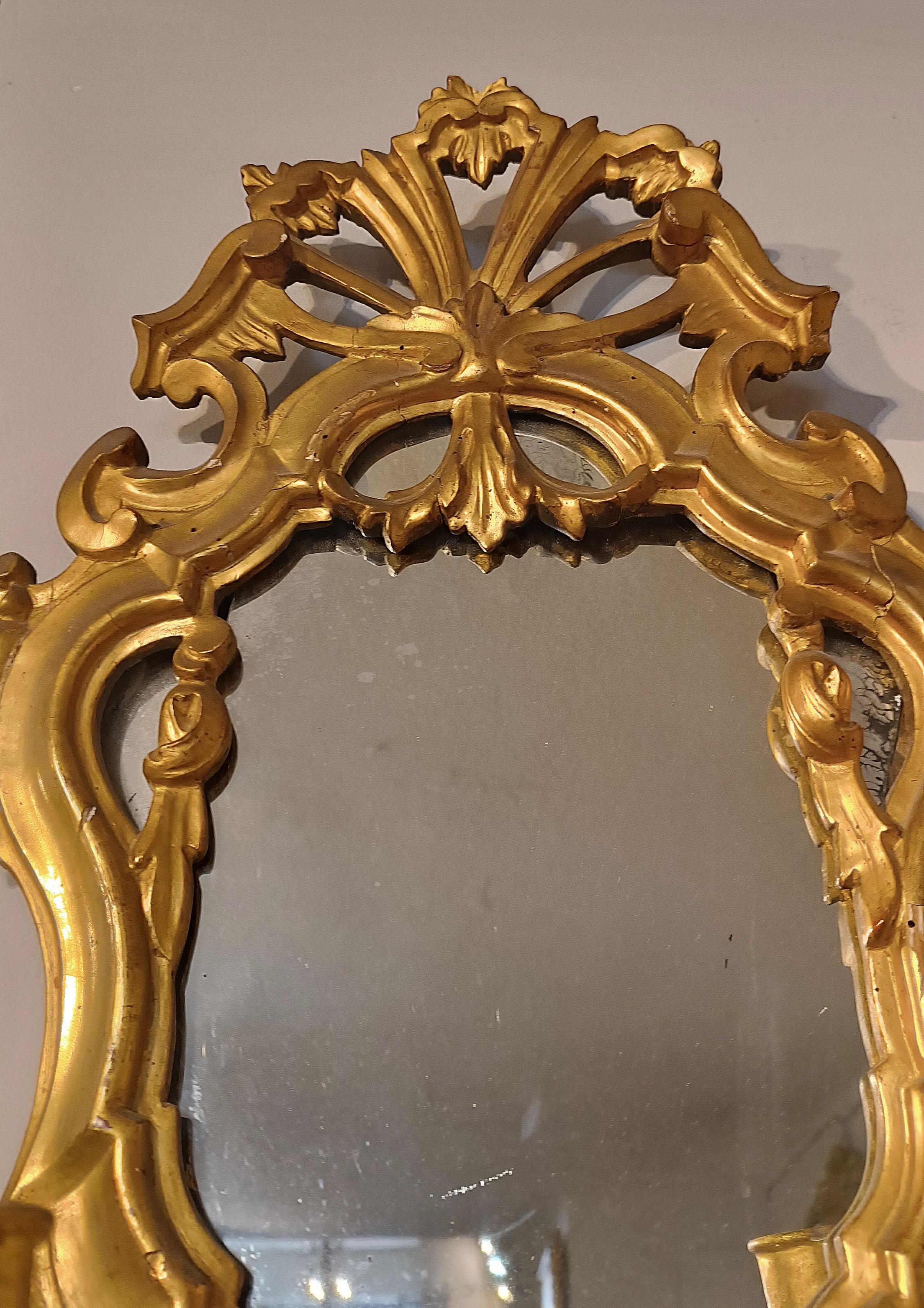 Louis XVI 18th CENTURY PAIR OF SMALL GOLDEN MIRRORS WITH CANDLE HOLDERS For Sale