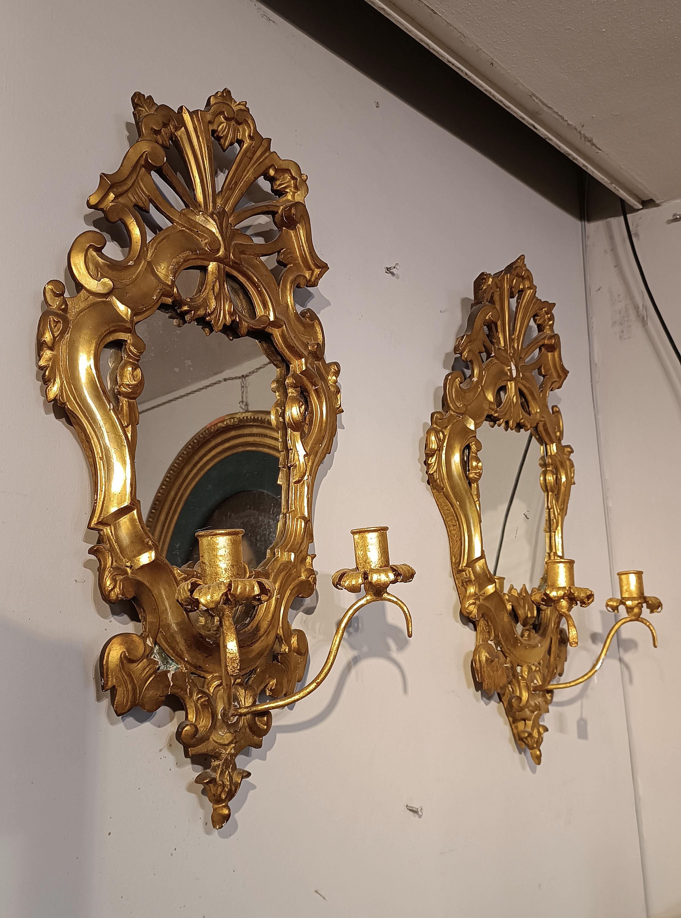 Hand-Carved 18th CENTURY PAIR OF SMALL GOLDEN MIRRORS WITH CANDLE HOLDERS For Sale