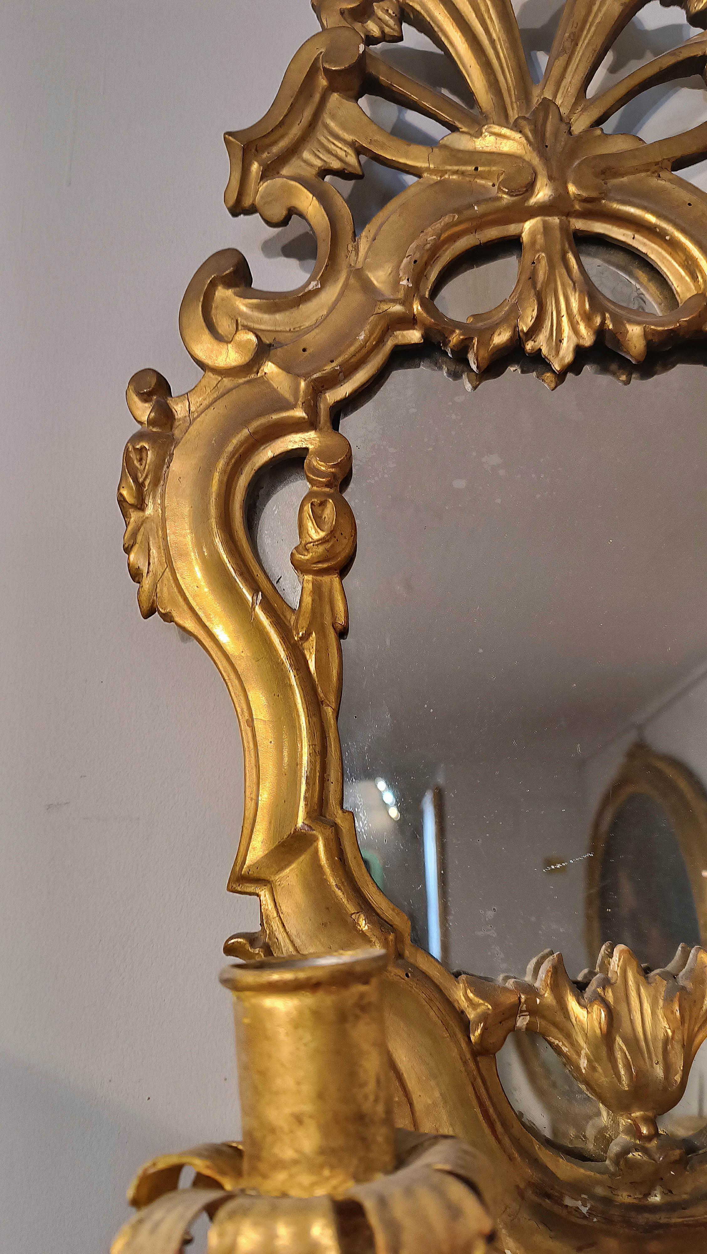 Mercury Glass 18th CENTURY PAIR OF SMALL GOLDEN MIRRORS WITH CANDLE HOLDERS For Sale