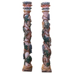 18th Century Pair of Solomon Columns with Carved and Polychrome Grapes in Wood