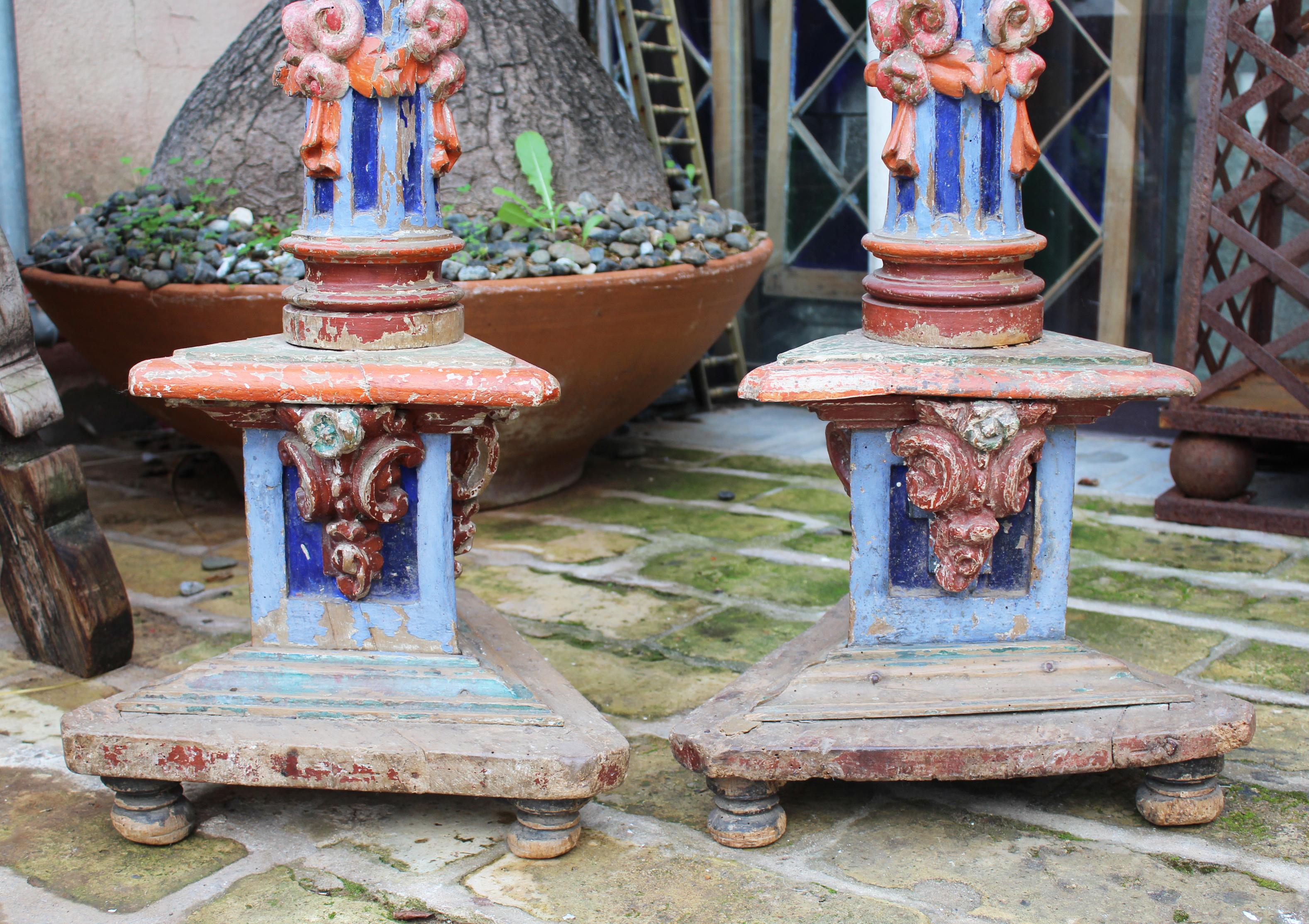 18th Century Pair of Spanish Hand Carved Painted Wooden Pricket Sticks 11