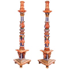18th Century Pair of Spanish Hand Carved Painted Wooden Pricket Sticks