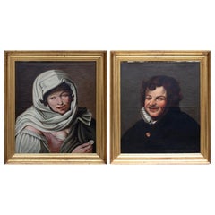 Paire de portraits espagnols à l'huile sur toile de l'école Murillo, 19e siècle