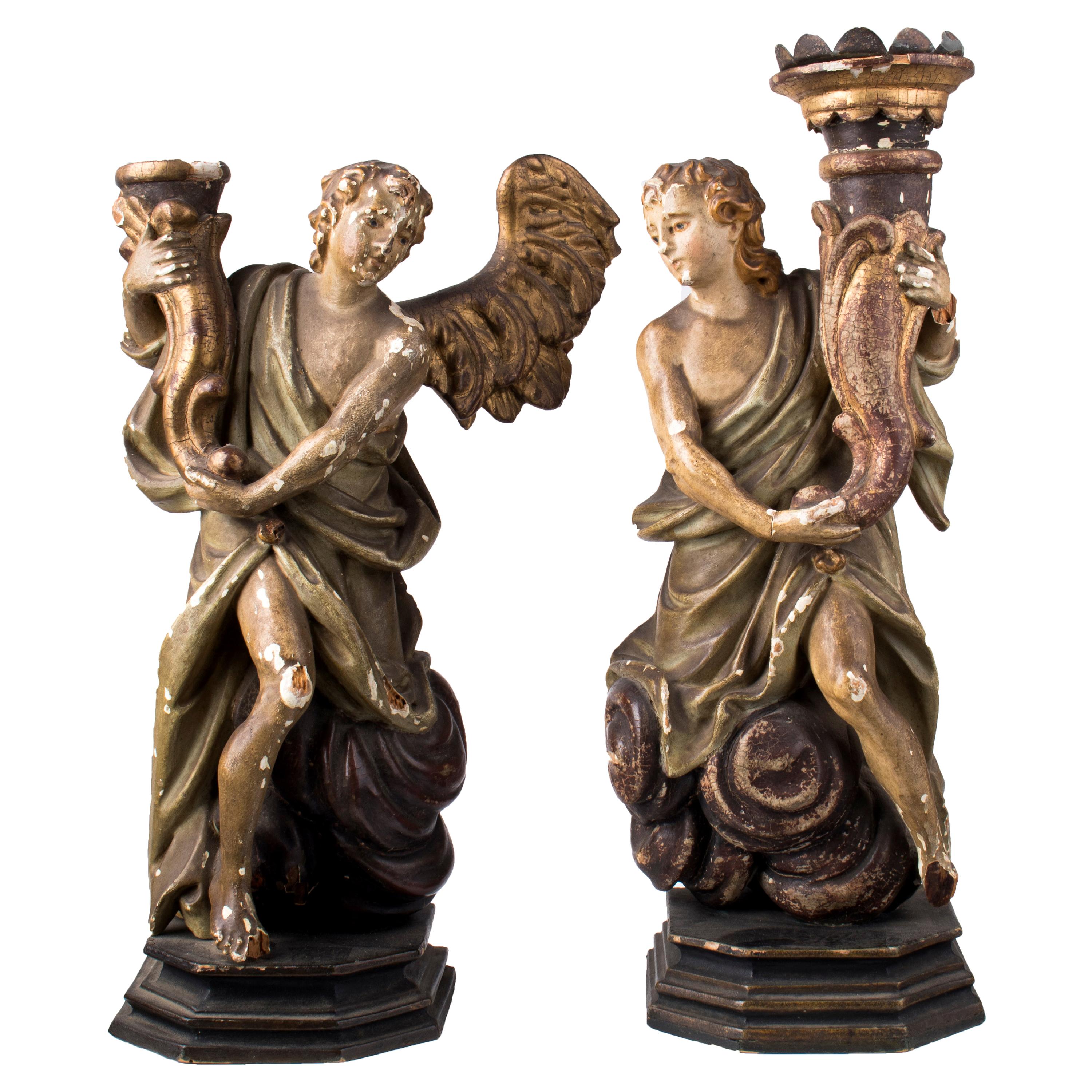 18th Century Pair of Spanish Torch Holder Angel Gold Gilded Wooden Figures