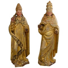 18th Century Pair of Statues of Popes in Polychrome Wood