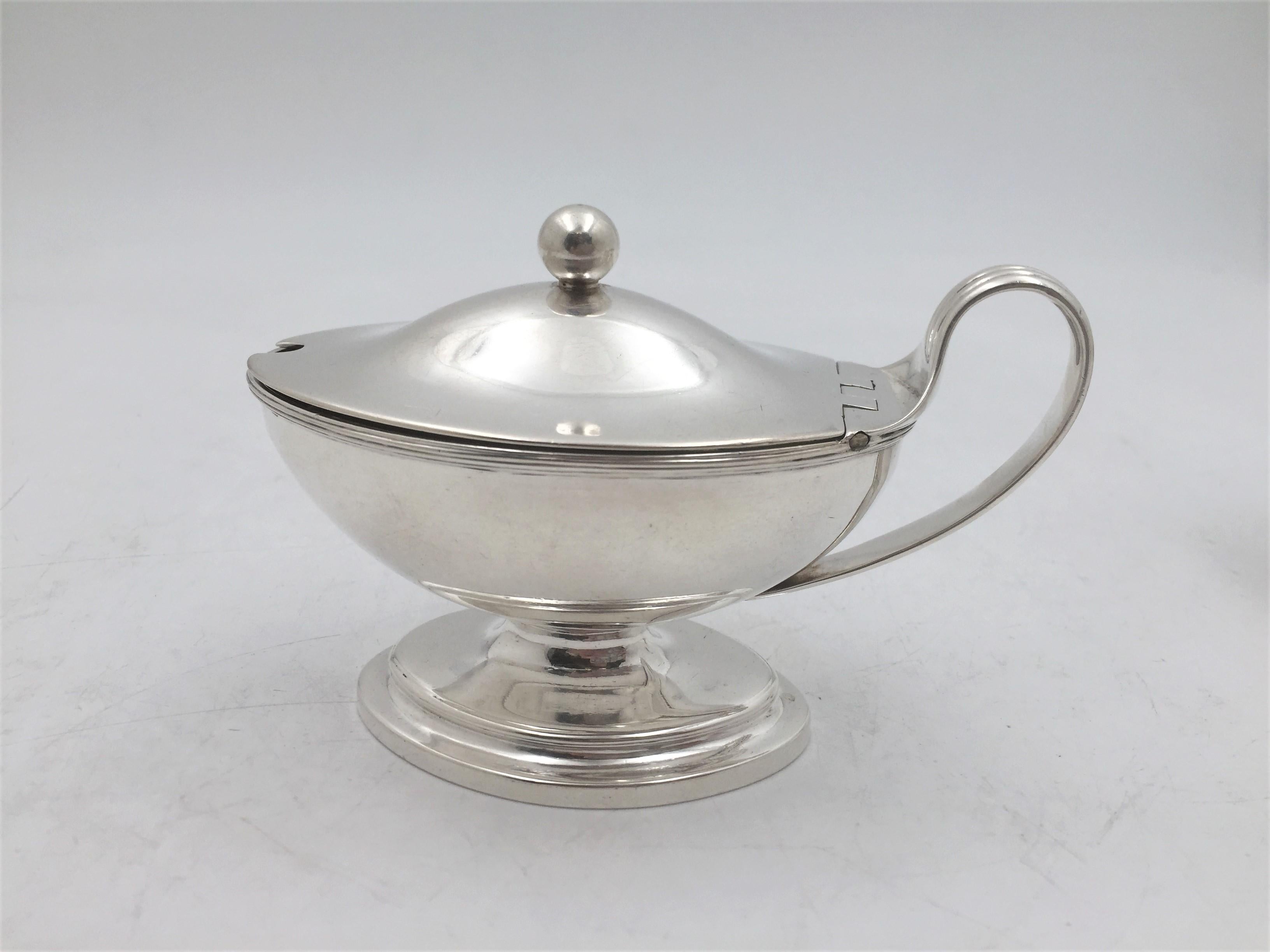 John Wakelin & William Taylor pair of sterling silver open salts from 1783 in Georgian style with gilt wash bowls and in exquisite, geometric design. Each measures 3 2/3'' in length by 2 1/2'' in width by 2 1/4'' in height, and bears hallmarks as