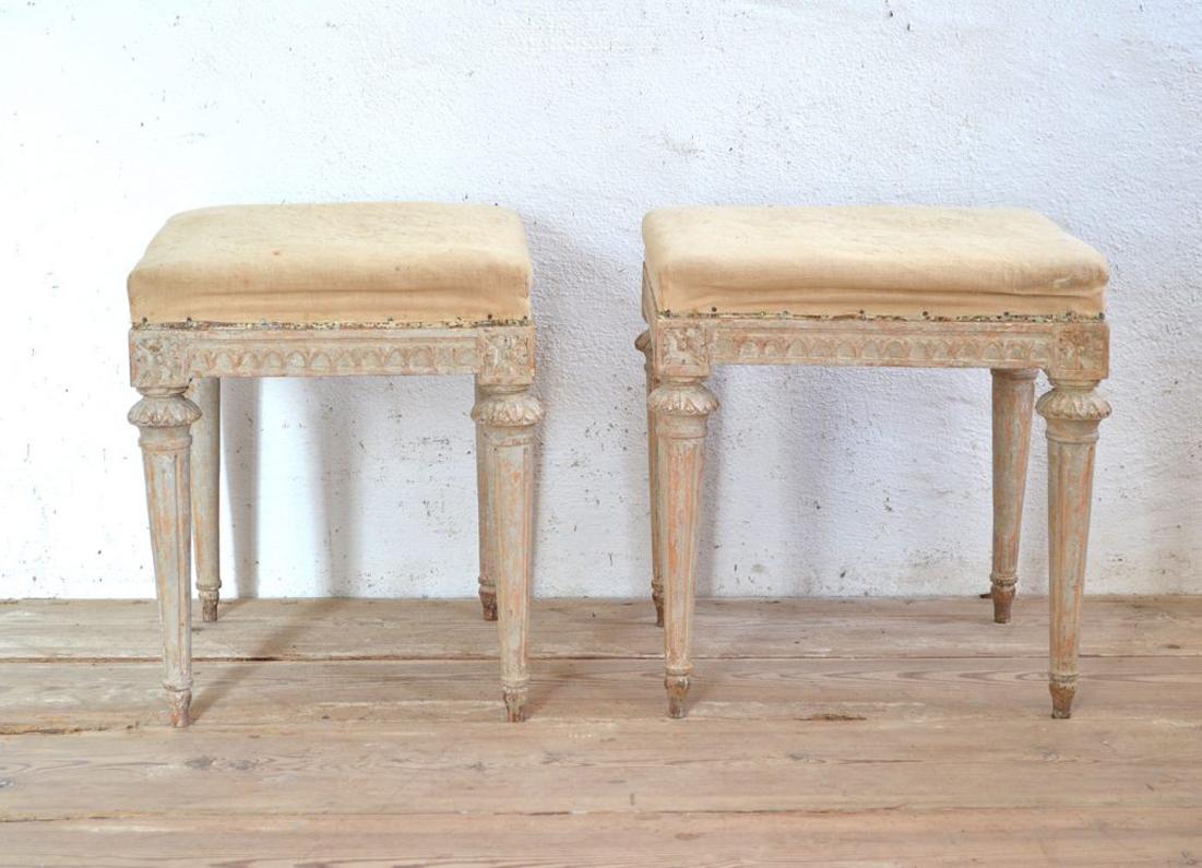 Hand-Carved 18th Century Pair of Swedish Gustavian Period Foot Stools or Benches