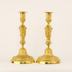 18th Century Pair of Transition Louis XVI Gilt Bronze Candlesticks "à la Grec"