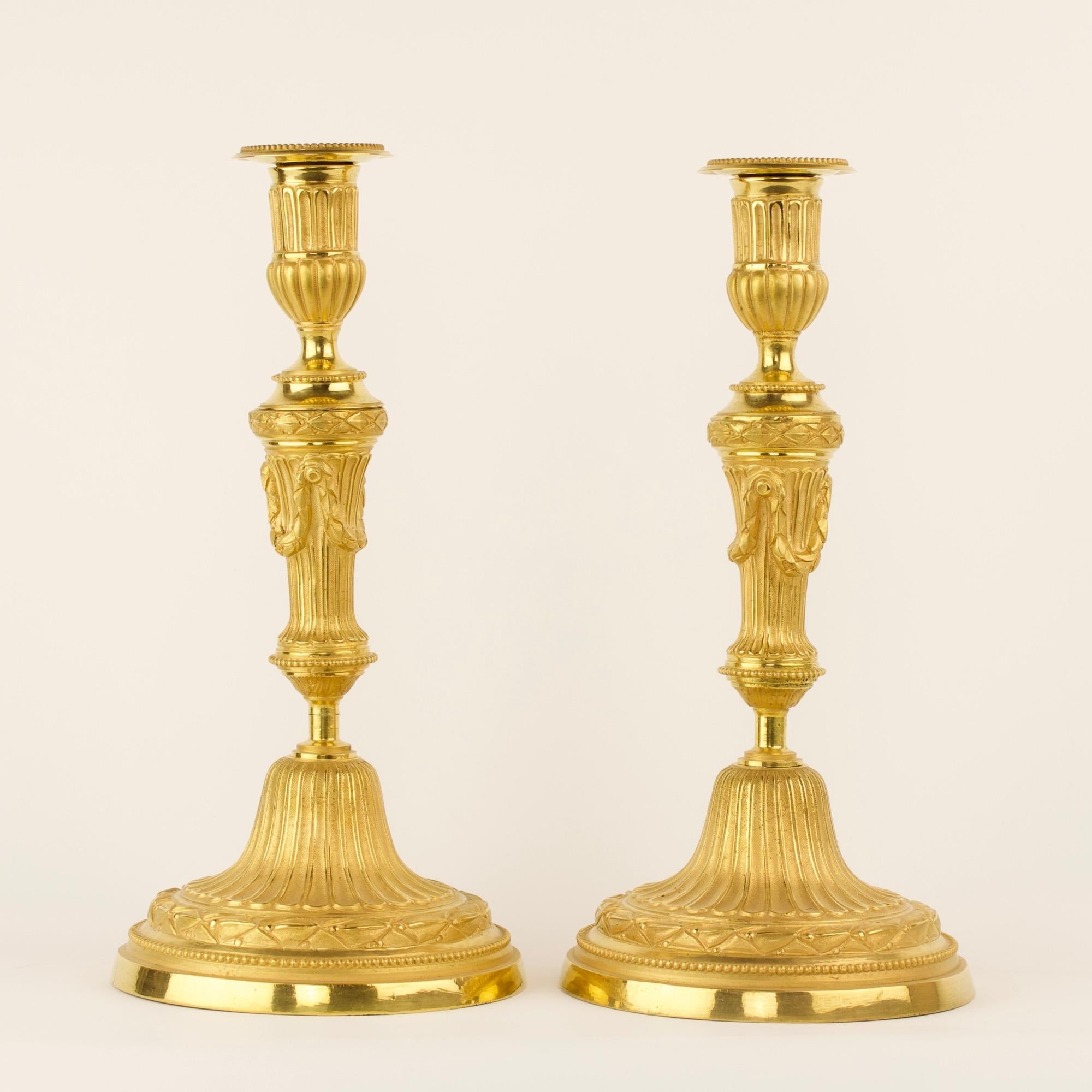 French 18th Century Pair of Transition Louis XVI Gilt Bronze Candlesticks 