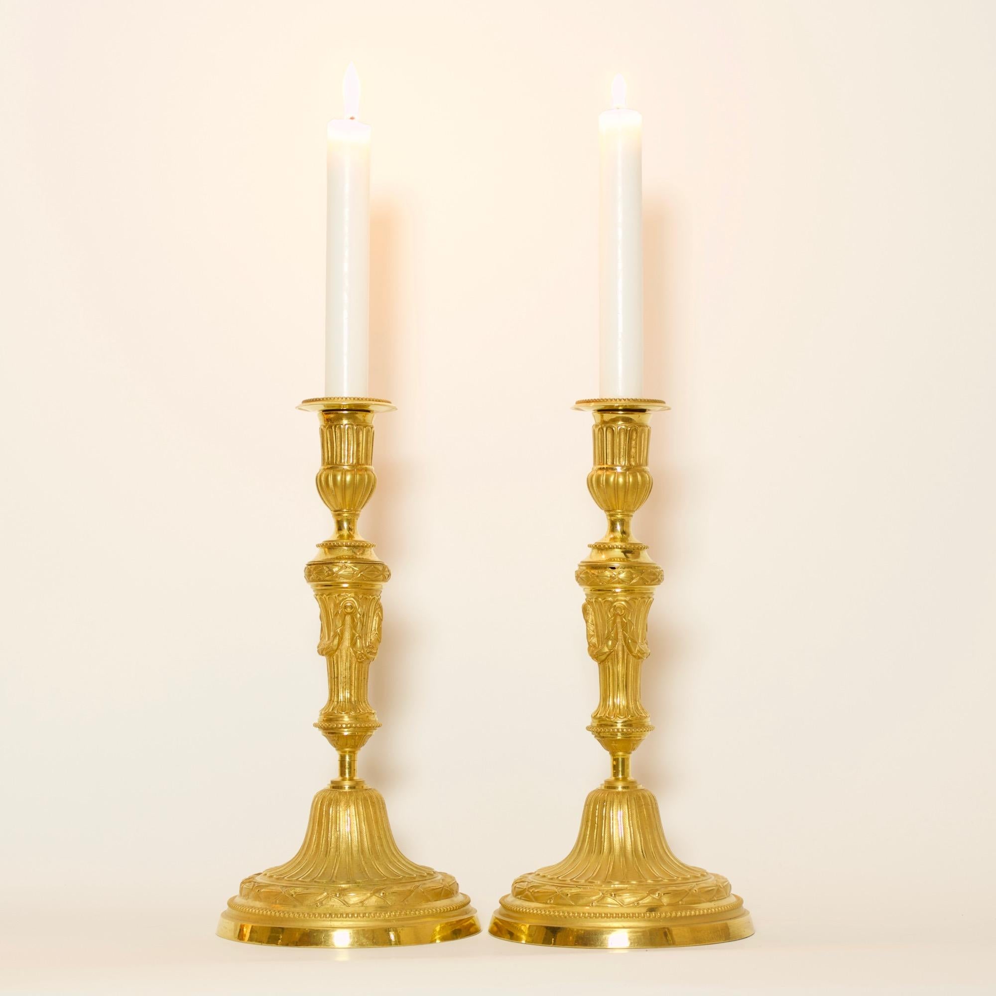 18th Century Pair of Transition Louis XVI Gilt Bronze Candlesticks 