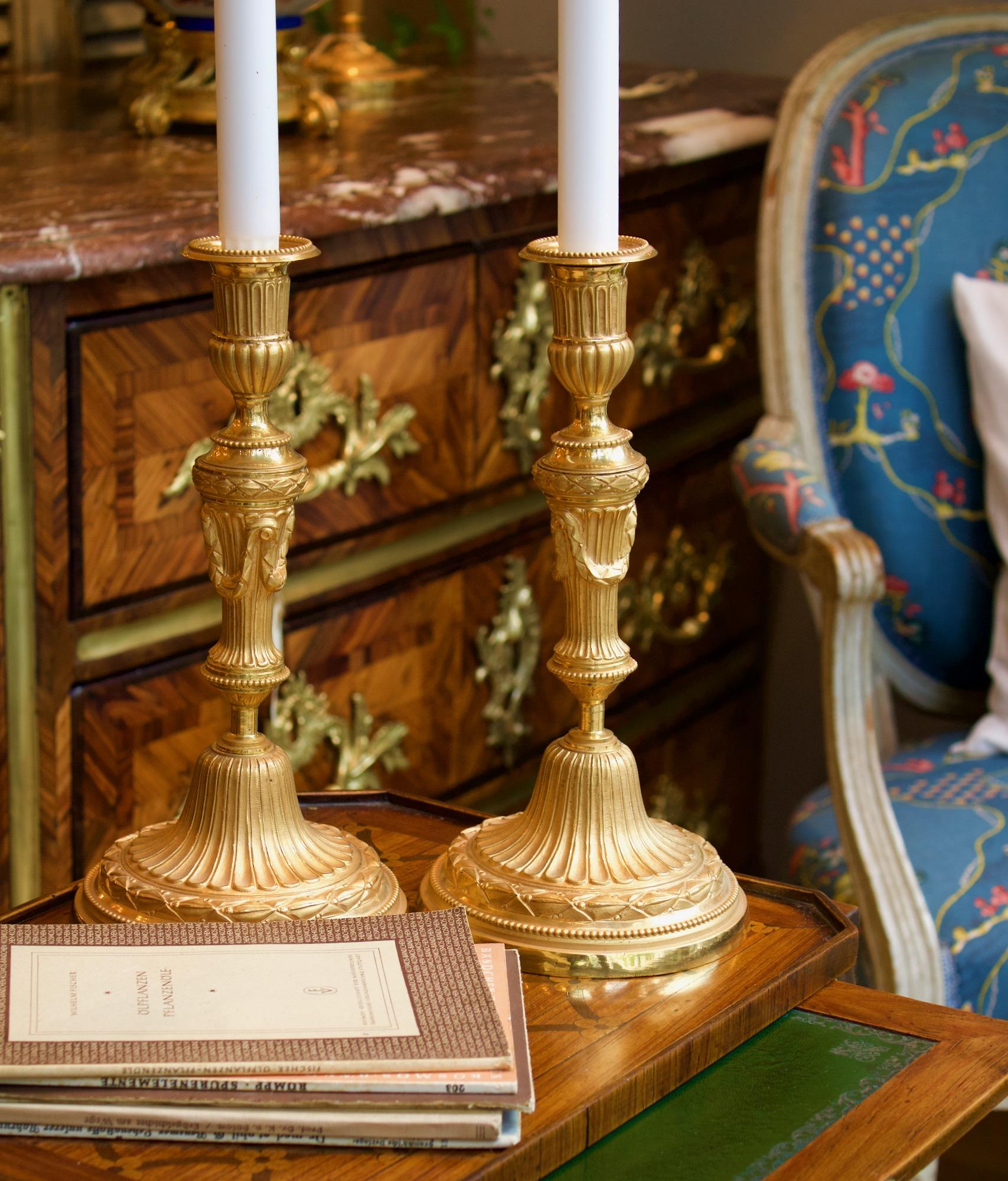 18th Century Pair of Transition Louis XVI Gilt Bronze Candlesticks 