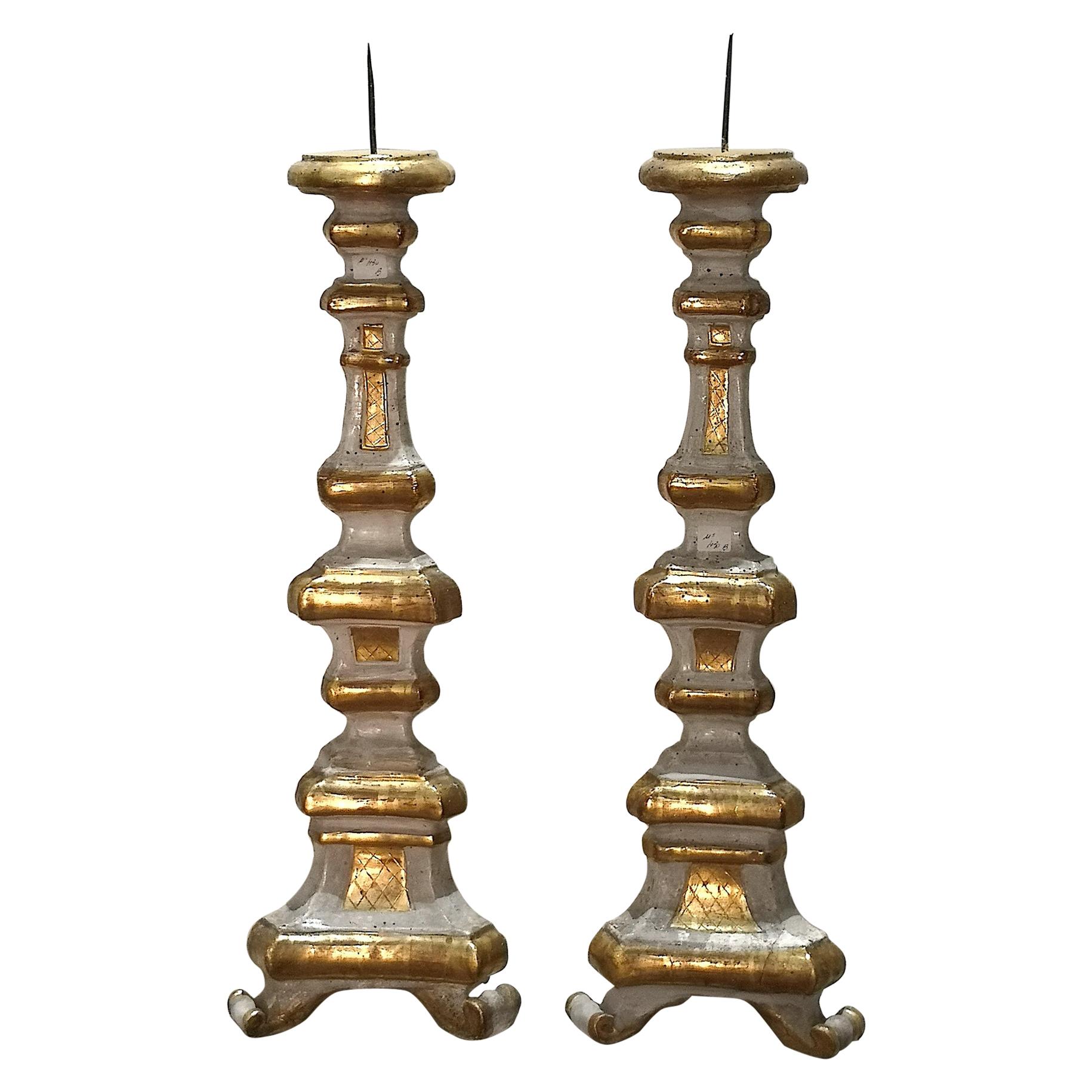 Pair of 18th Century Venetian Carved, Painted & Parcel Gilt Wood Candle Holders