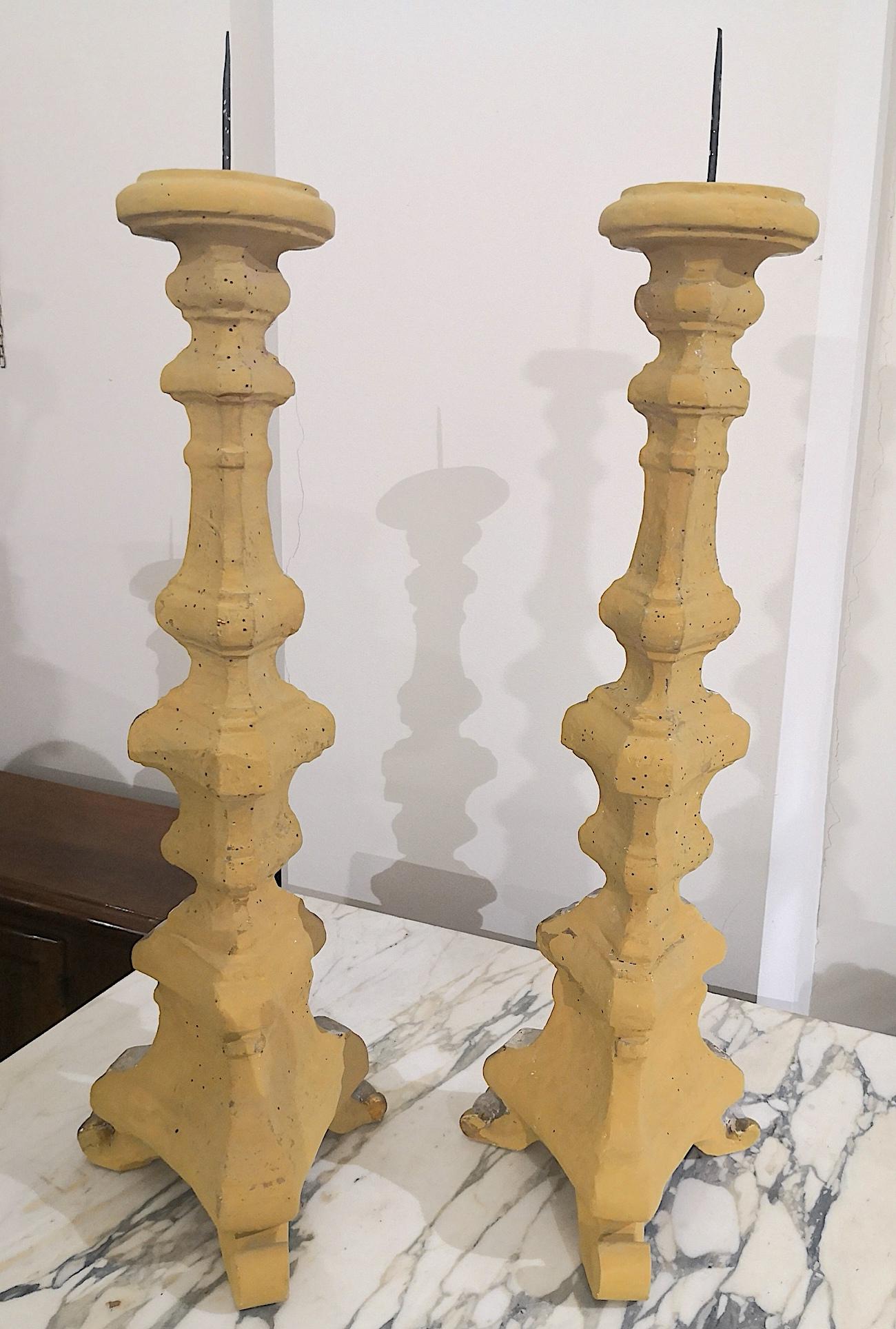 Italian Pair of 18th Century Venetian Carved, Painted & Parcel Gilt Wood Candle Holders