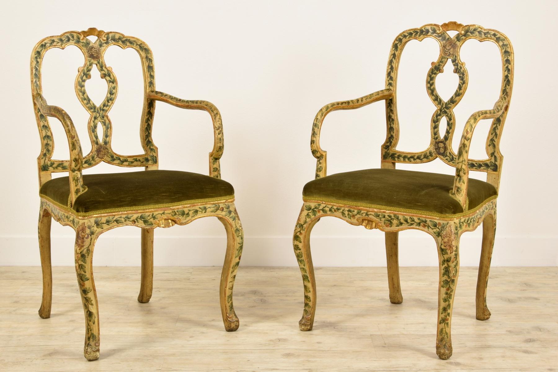 Louis XV 18th Century, Pair of Venetian Lacquered and Giltwood Armchairs
