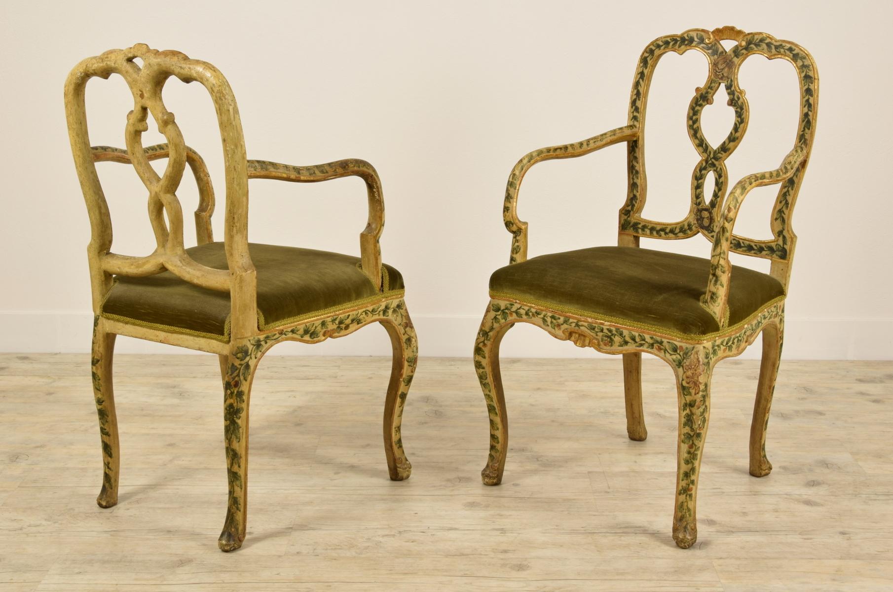 Italian 18th Century, Pair of Venetian Lacquered and Giltwood Armchairs