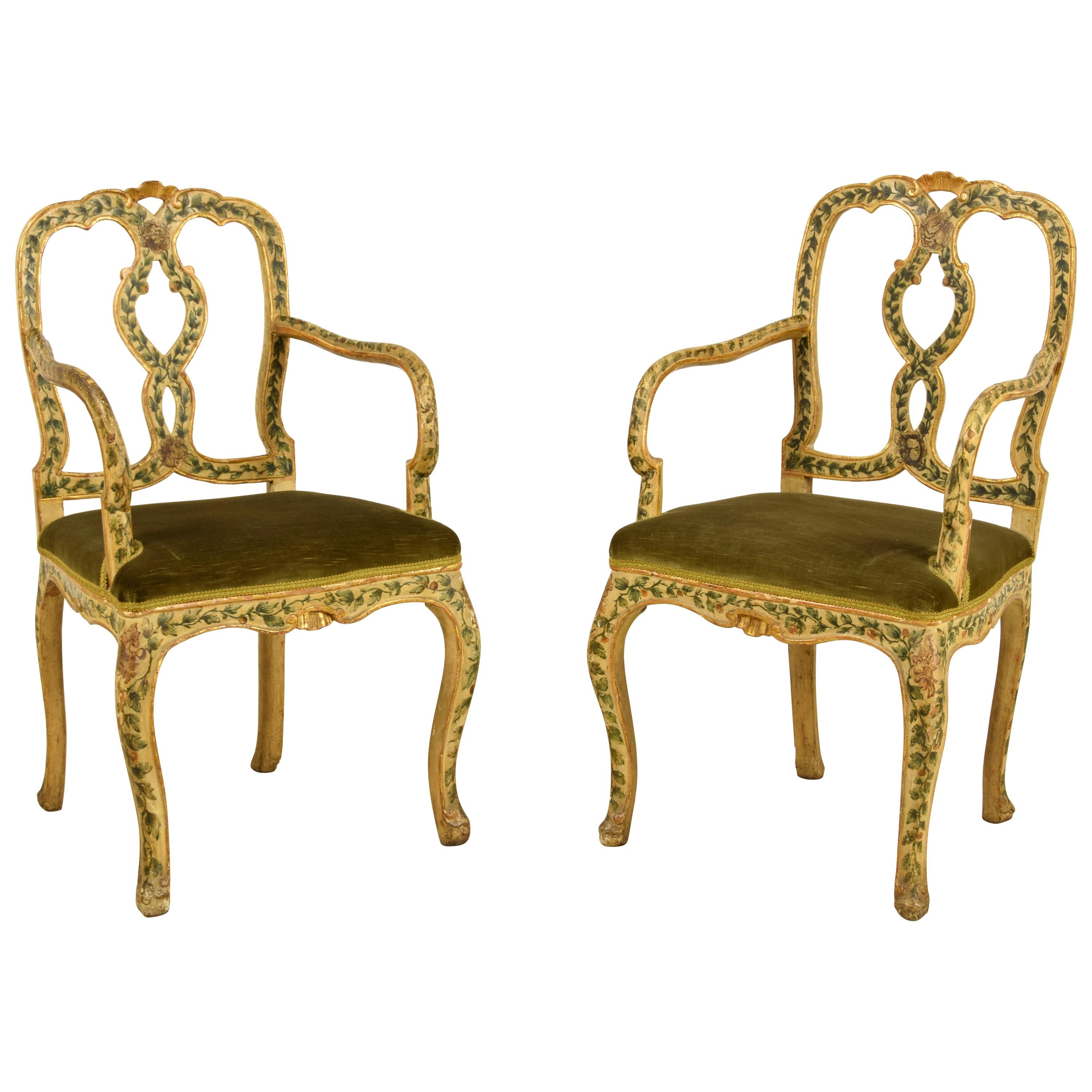 18th Century, Pair of Venetian Lacquered and Giltwood Armchairs