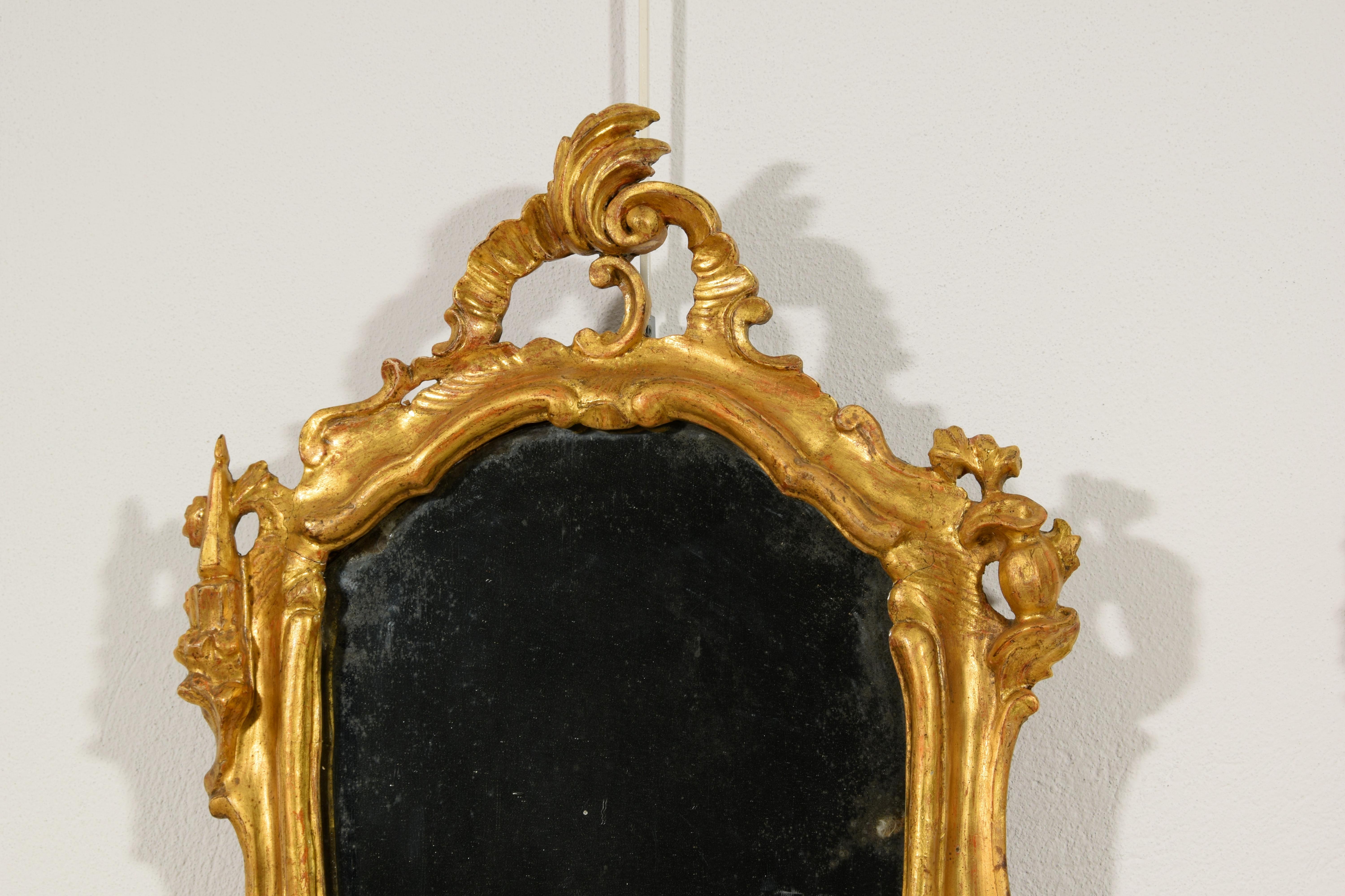 18th Century, Pair of Venetian Louis XV Carved and Gilt Wood Mirrors For Sale 7