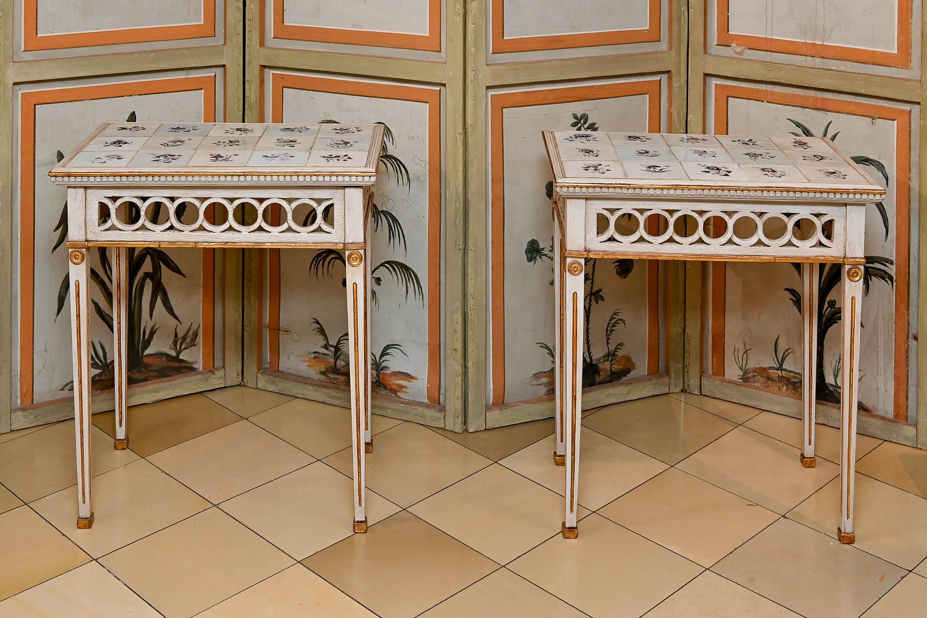 18th Century Pair Painted and Gilded Console Tables Ceramic Tiles North Germany For Sale 3