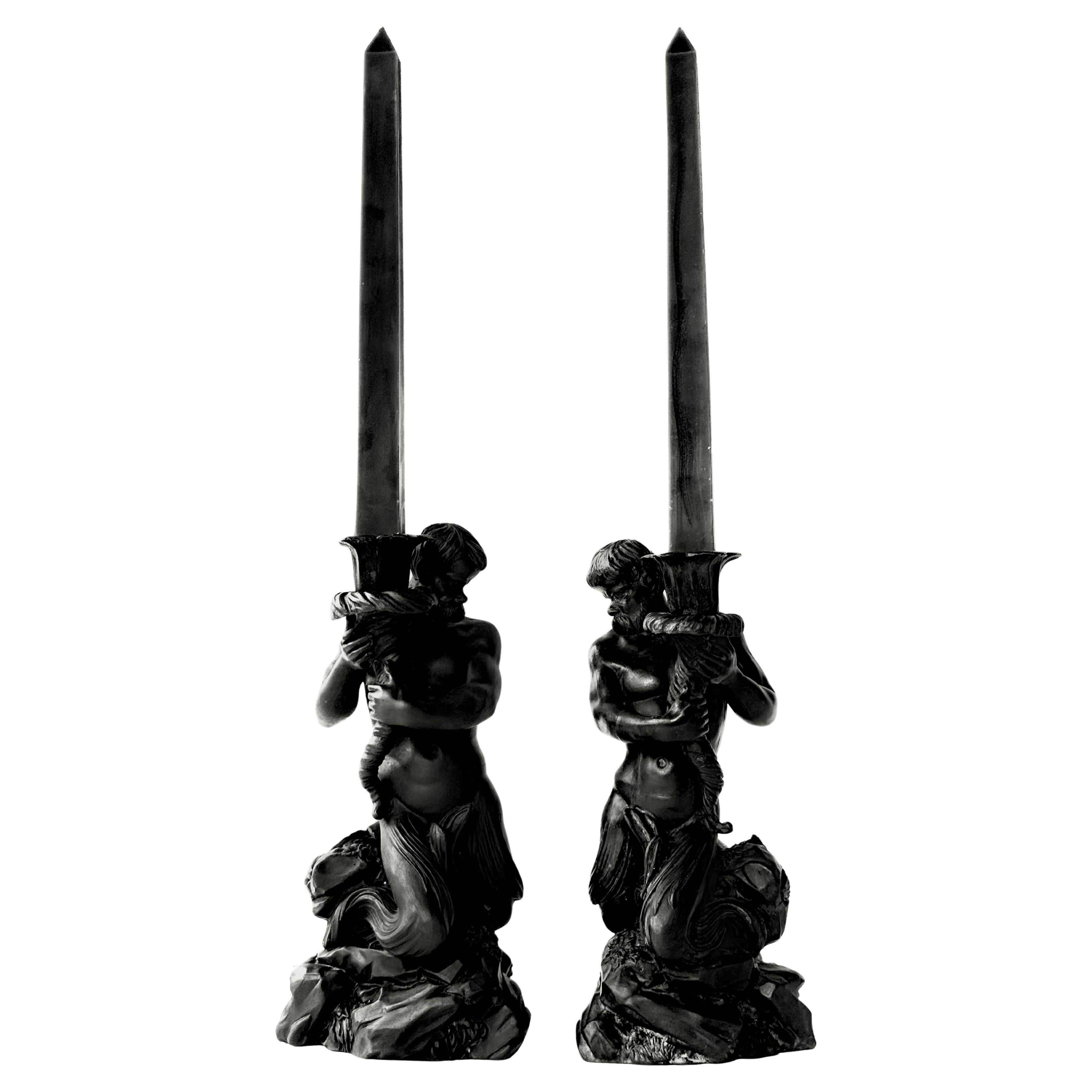 18th Century Pair Wedgwood Black Basalt Ware Triton Candlesticks en vente