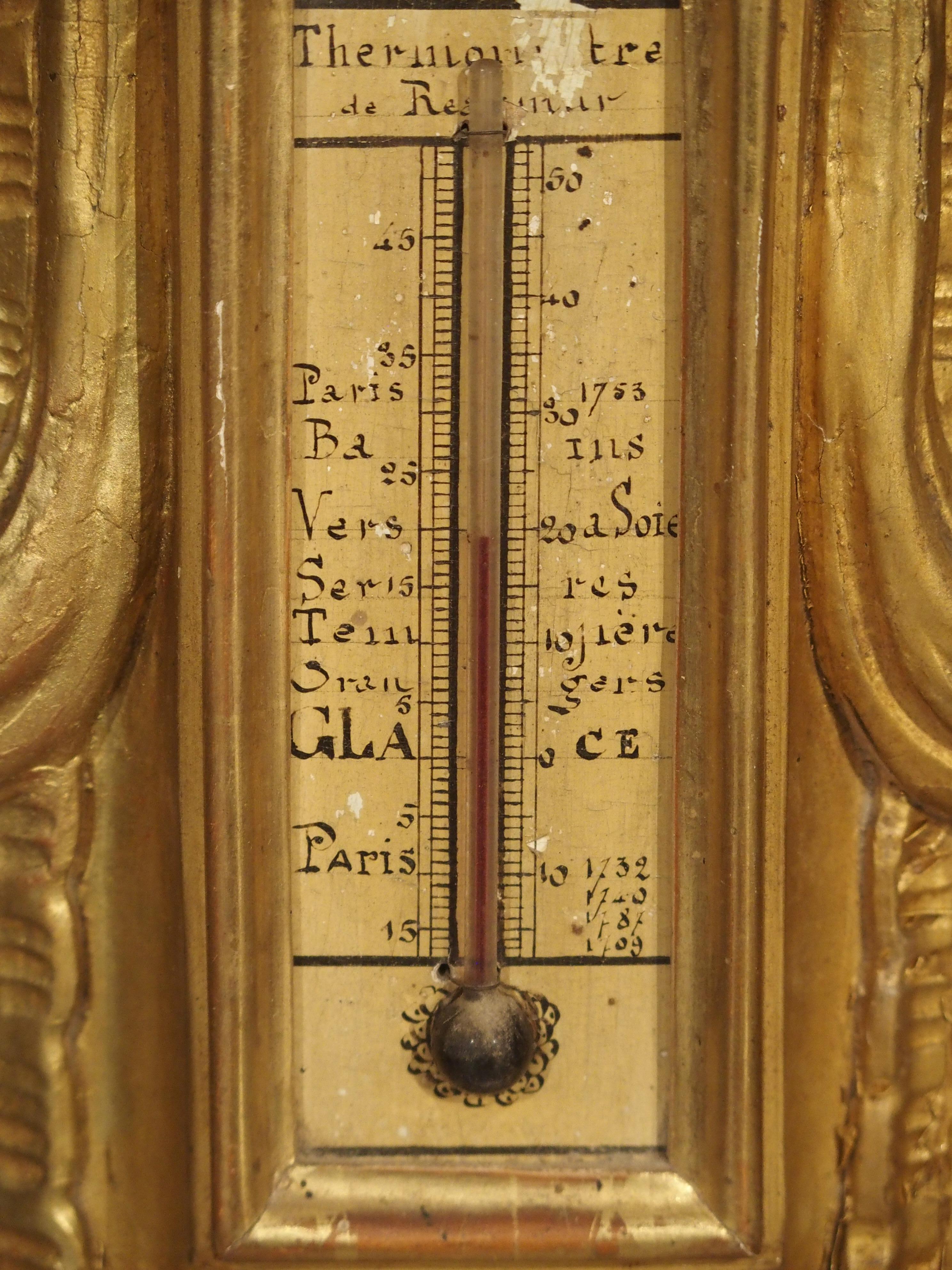Glass 18th Century Parisian Giltwood Barometer Thermometer For Sale