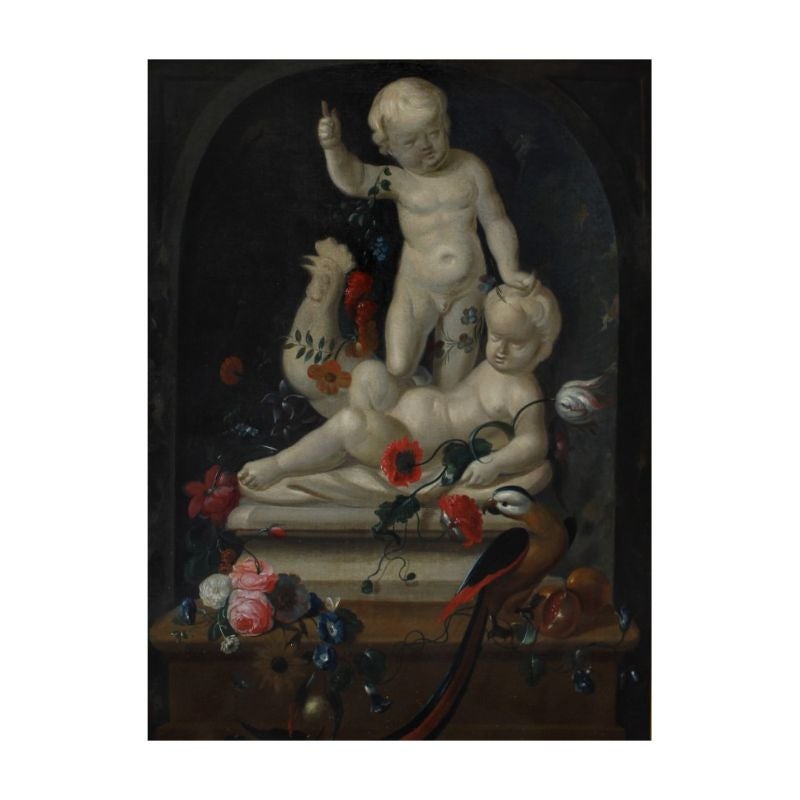 I. Reneman (Netherlands, active in the second half of the 18th century) 

Parrot with cherubs and flowers

Oil on canvas, 100.5 x 84.5 cm 

Signed on the base “I. Reneman fecit 