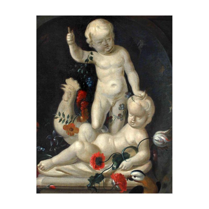 Oiled 18th Century Parrot with Cherubs and Flowers Painting Oil on Canvas by Reneman For Sale