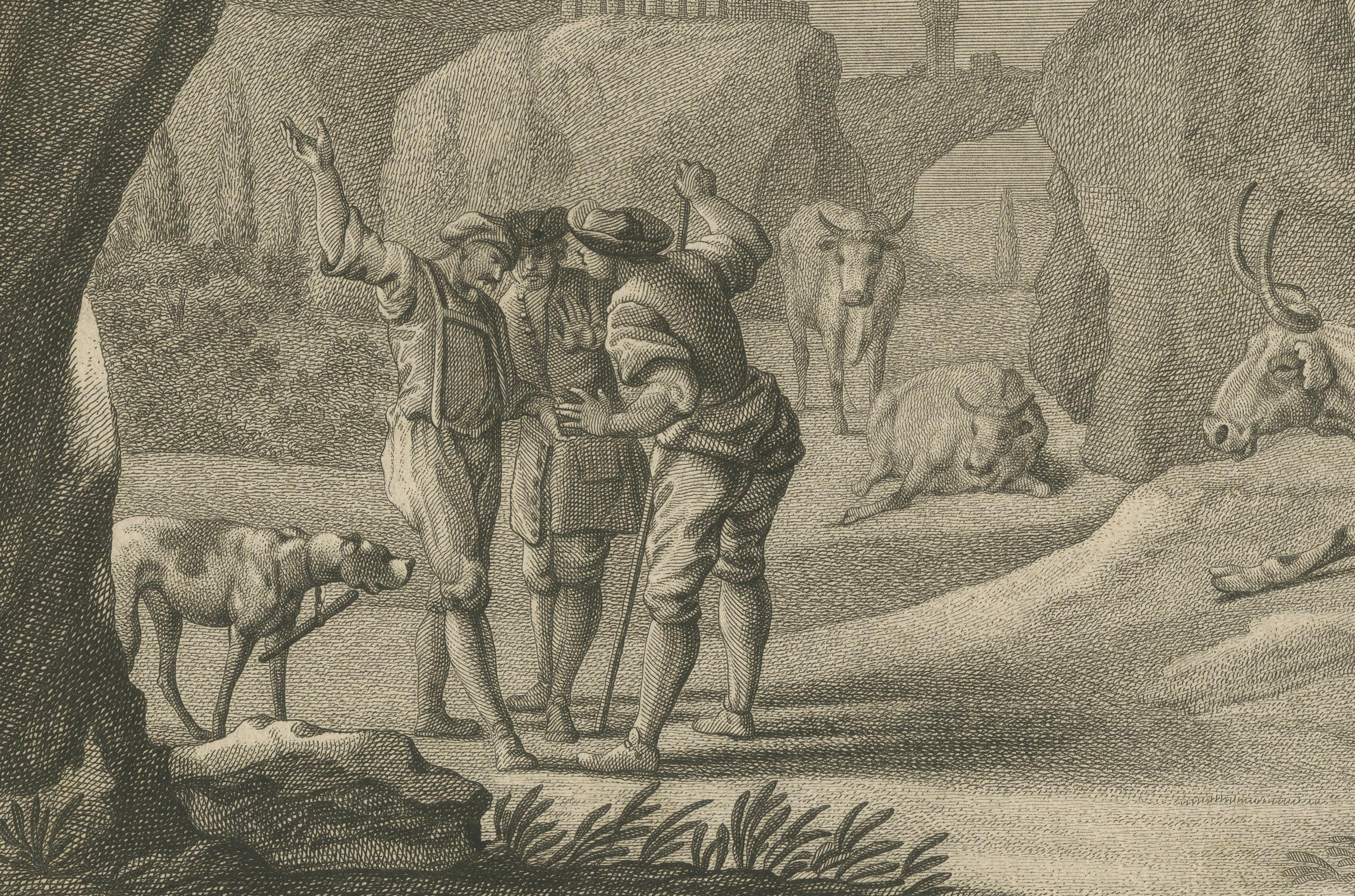 Gravure pastorale du XVIIIe siècle de Johann Jakob Kleinschmidt : Bétail et personnages Bon état - En vente à Langweer, NL