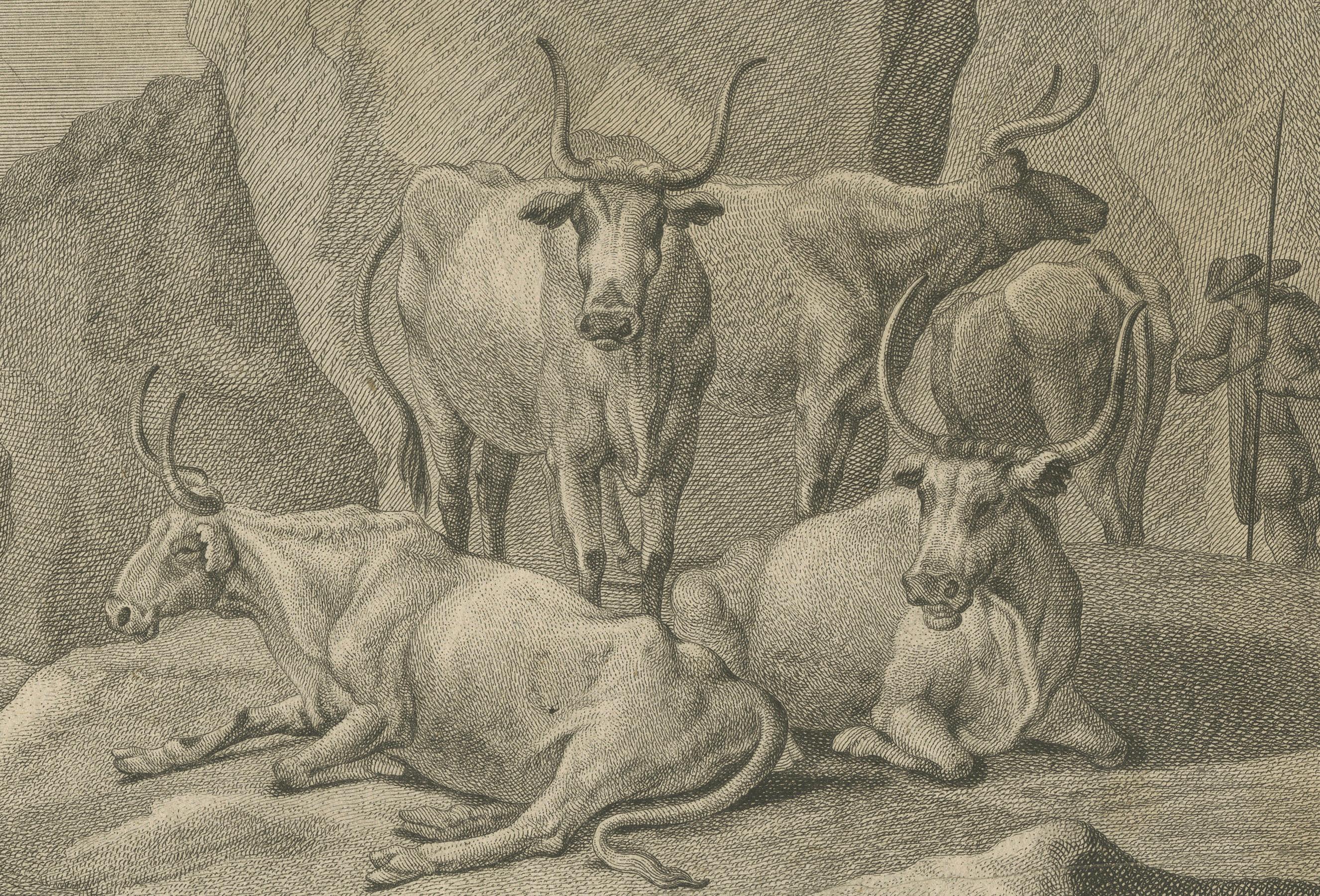 Milieu du XVIIIe siècle Gravure pastorale du XVIIIe siècle de Johann Jakob Kleinschmidt : Bétail et personnages en vente