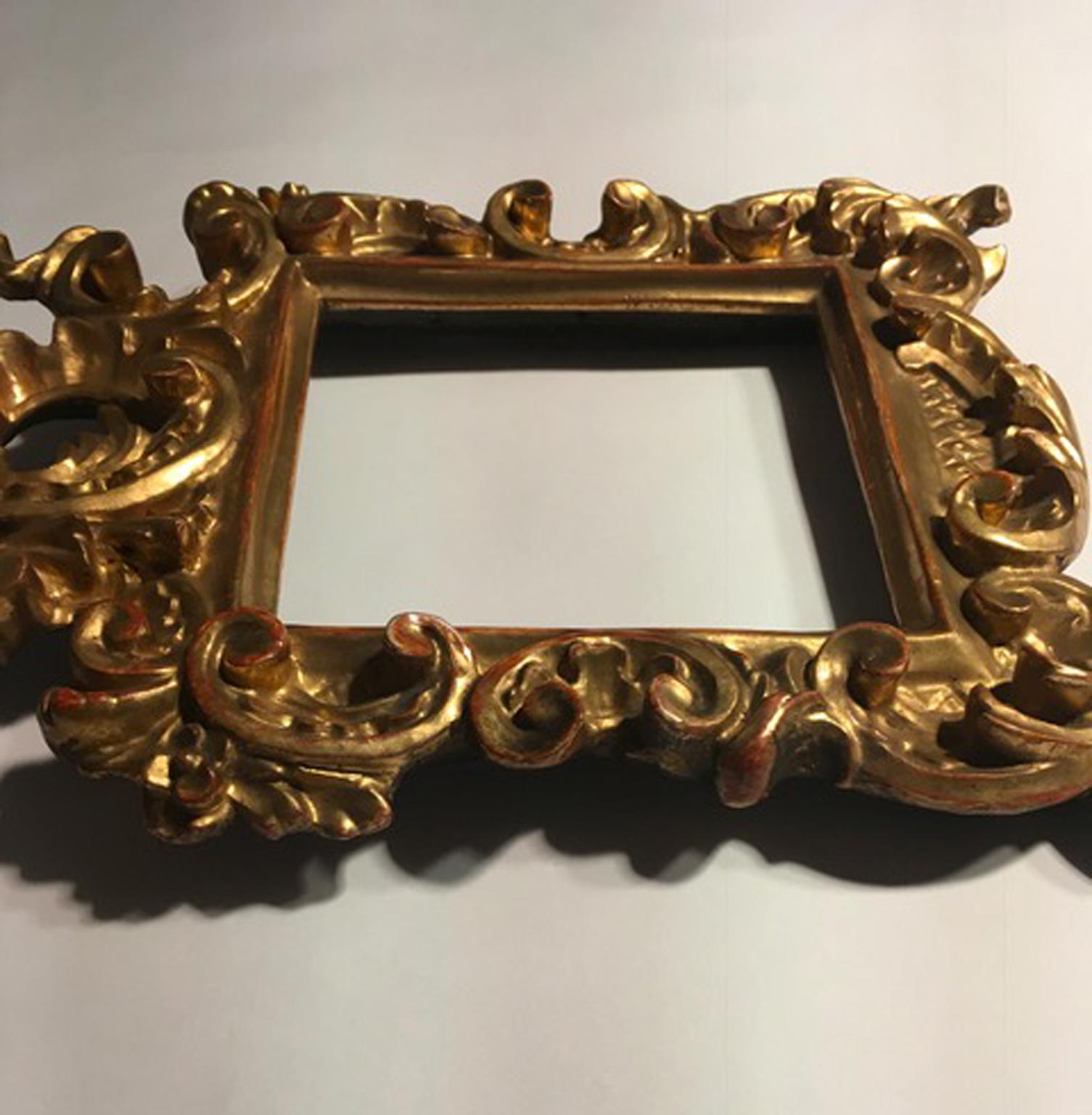 18th Century Patinated Gold Hand Carved Wood Pair of Frames Barocco Style, Italy 5