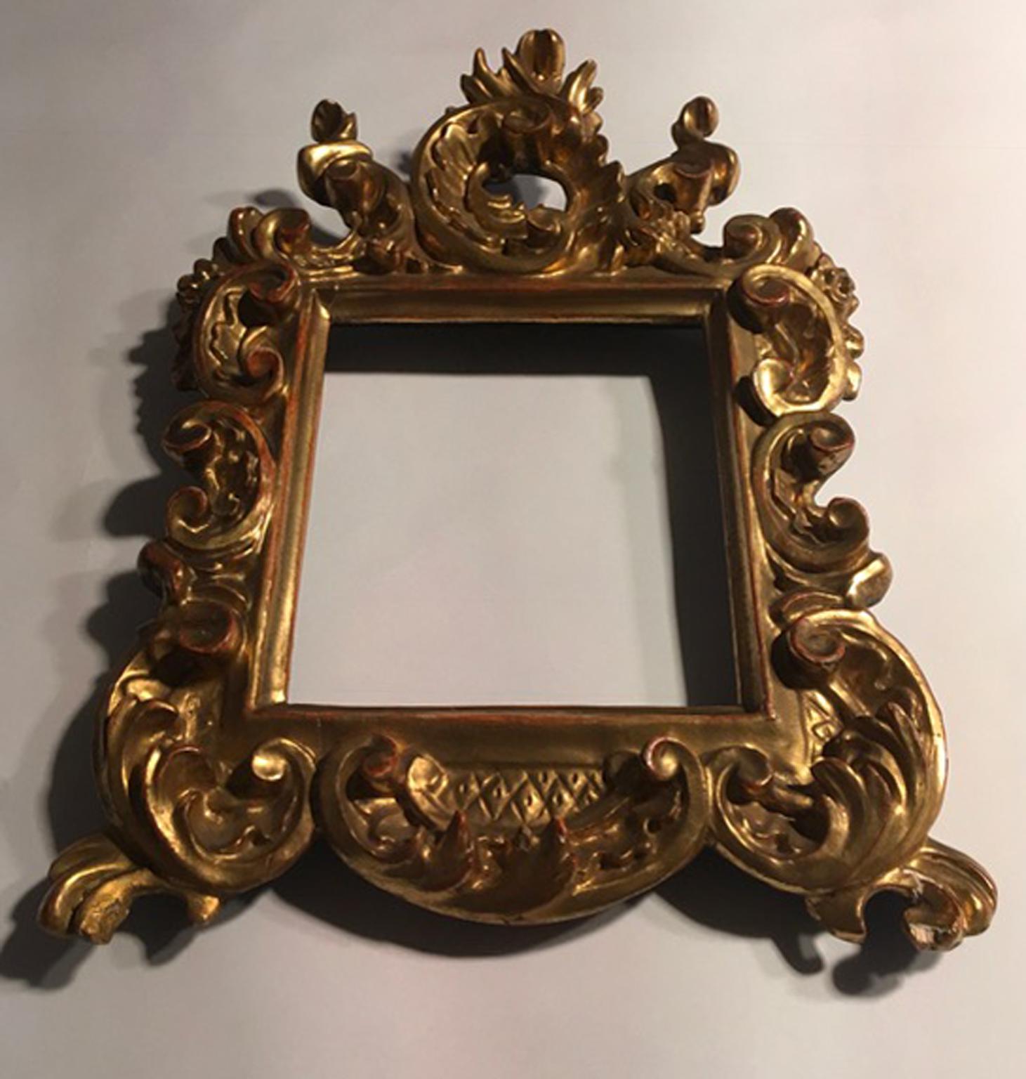 18th Century Patinated Gold Hand Carved Wood Pair of Frames Barocco Style, Italy 7