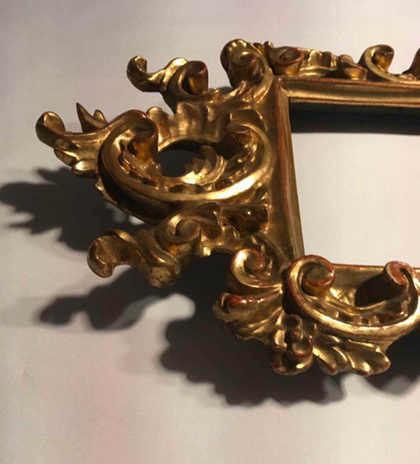 Italian 18th Century Patinated Gold Hand Carved Wood Pair of Frames Barocco Style, Italy