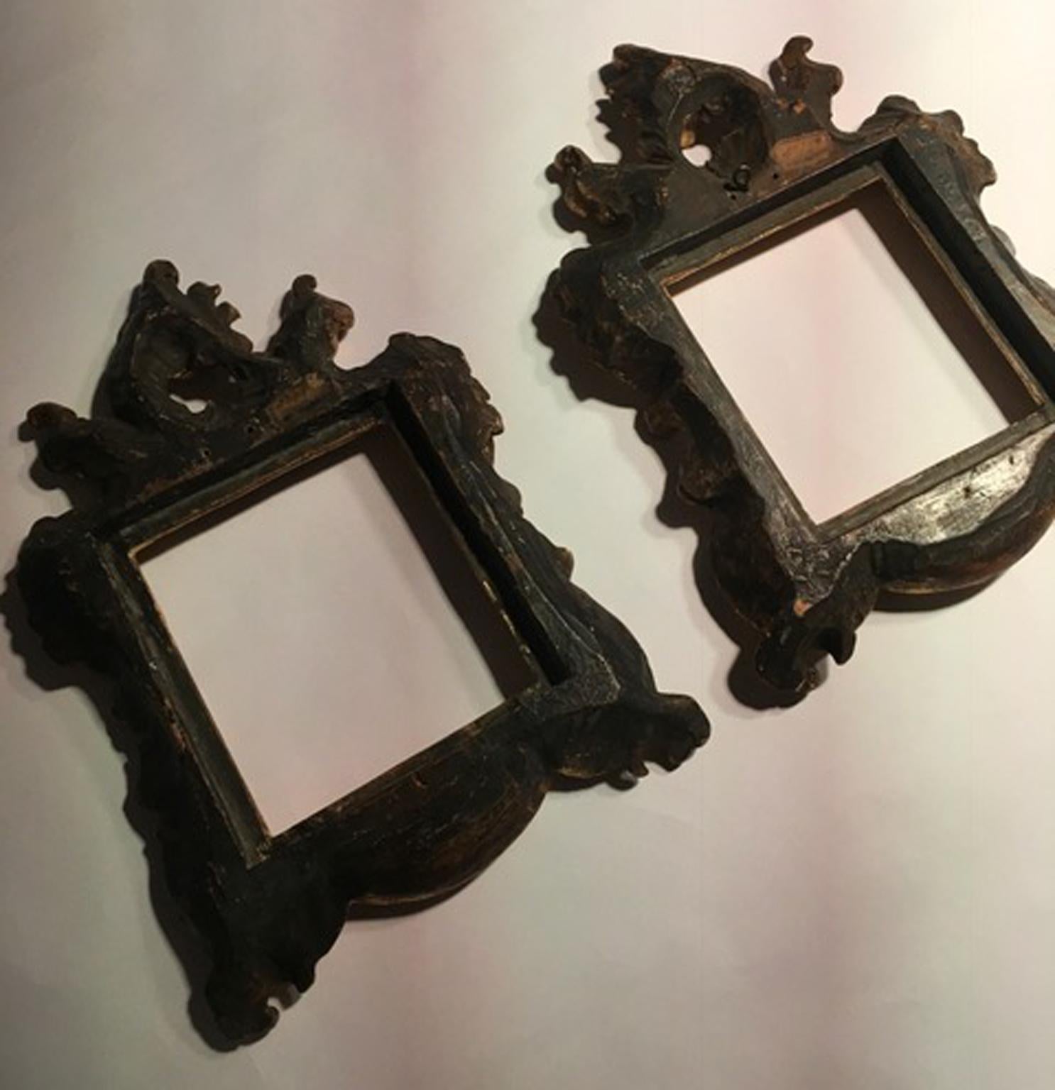 Hand-Carved 18th Century Patinated Gold Hand Carved Wood Pair of Frames Barocco Style, Italy