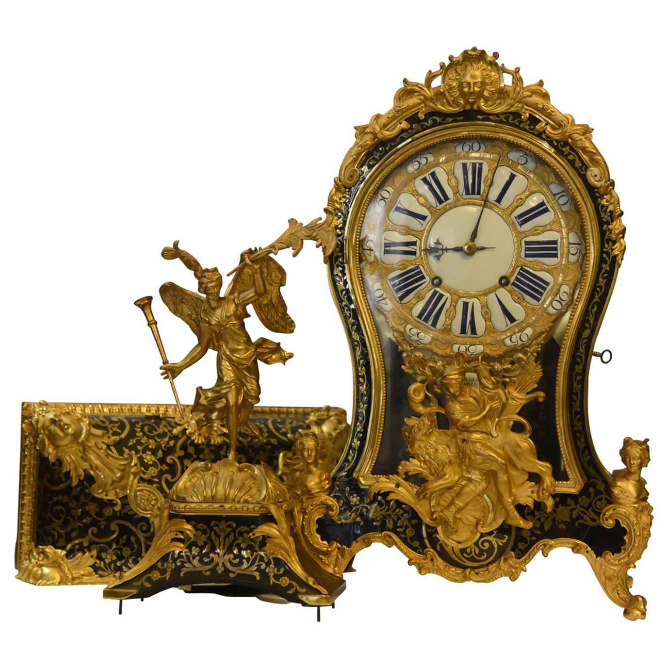 18th Century Pendulum Clock Large Cartel Decorated Inlaid Signed, 1700s For Sale