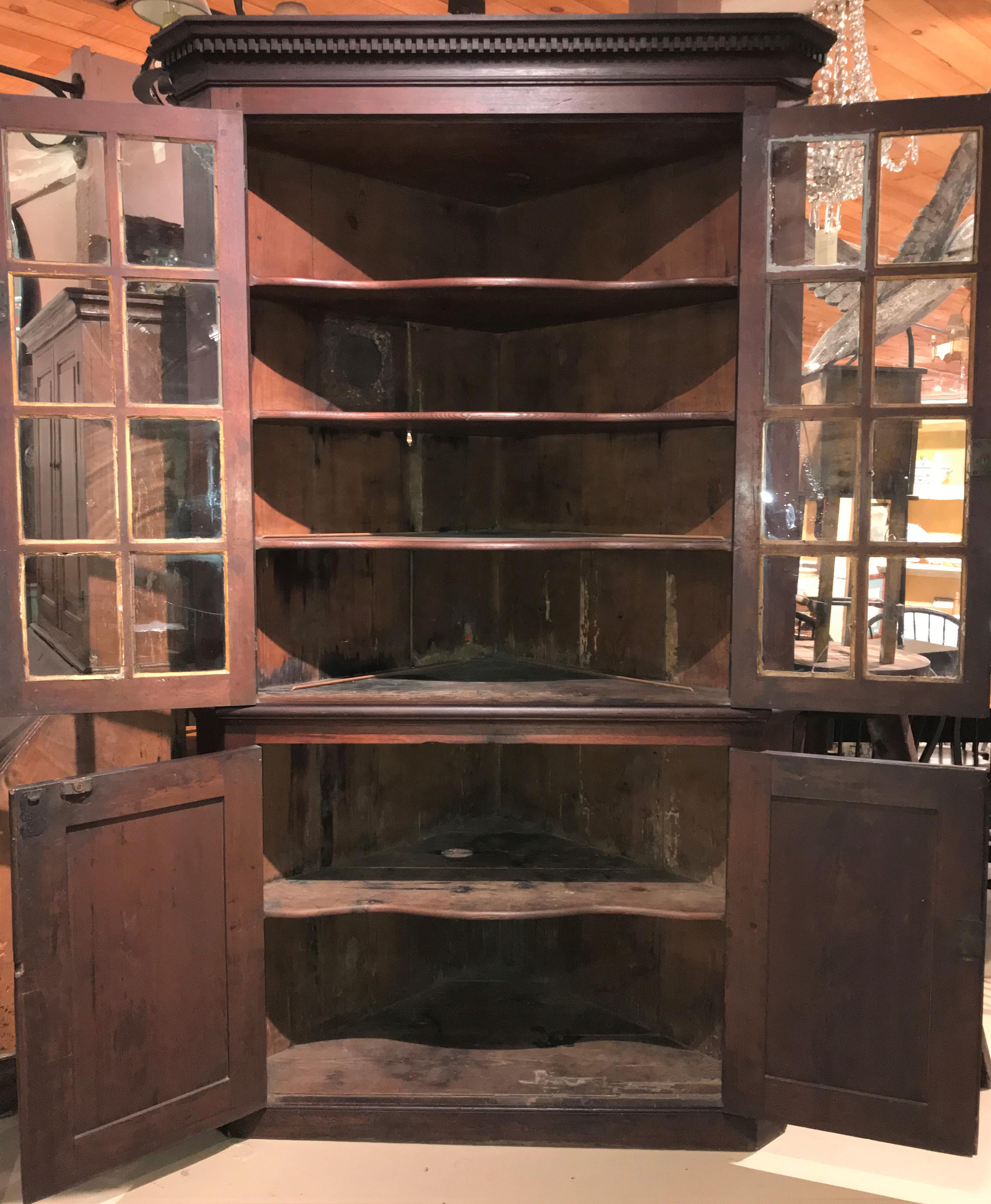 A fine one-piece corner cupboard in black walnut with canted corners, its cornice featuring carved dentil molding surmounting two eight pane glass doors, each with original wavy glass, opening to three shaped interior shelves with plate rails, over