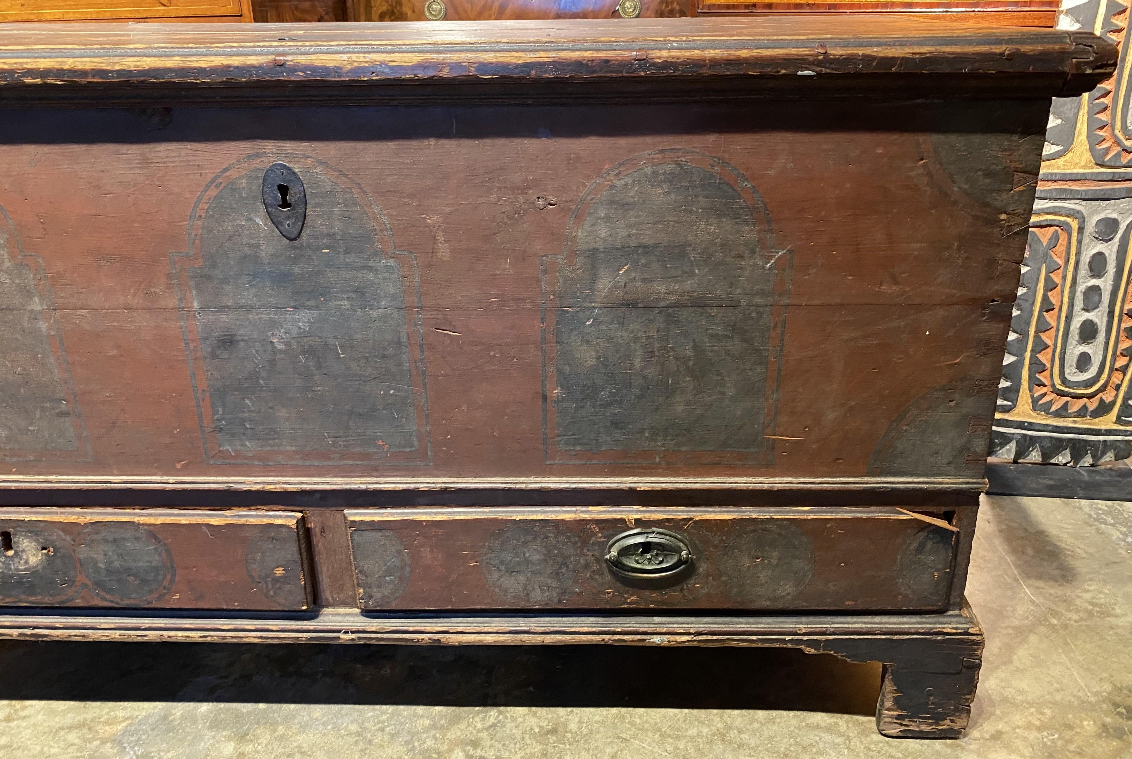 Primitive 18th Century Pennsylvania Painted Two Drawer Dowry or Blanket Chest For Sale